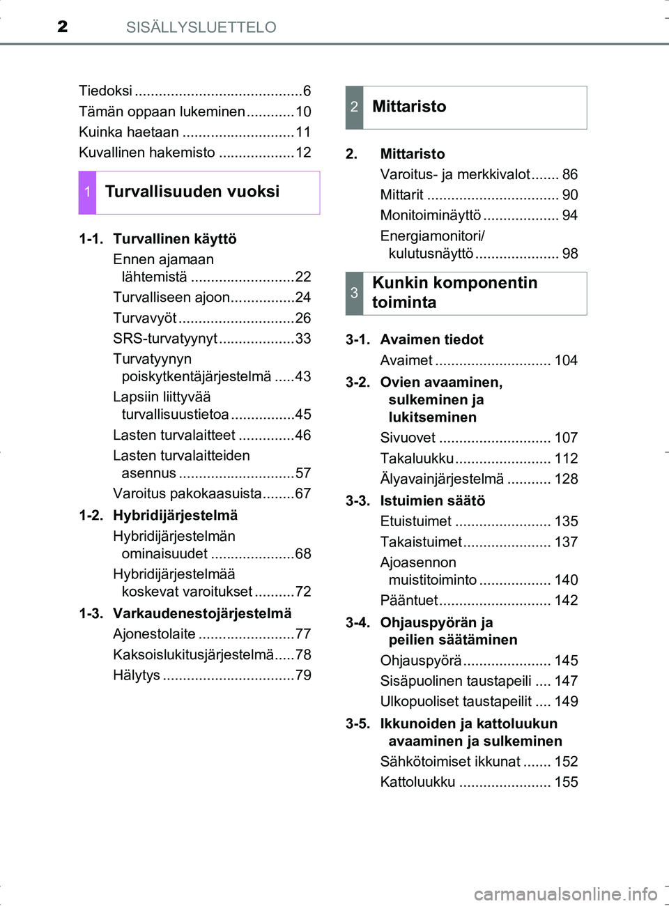 TOYOTA RAV4 HYBRID 2017 Omistajan Käsikirja (in Finnish) SISÄLLYSLUETTELO2
OM42B04FITiedoksi ..........................................6
Tämän oppaan lukeminen ............10
Kuinka haetaan ............................11
Kuvallinen hakemisto ............ TOYOTA RAV4 HYBRID 2017 Omistajan Käsikirja (in Finnish) SISÄLLYSLUETTELO2
OM42B04FITiedoksi ..........................................6
Tämän oppaan lukeminen ............10
Kuinka haetaan ............................11
Kuvallinen hakemisto ............
