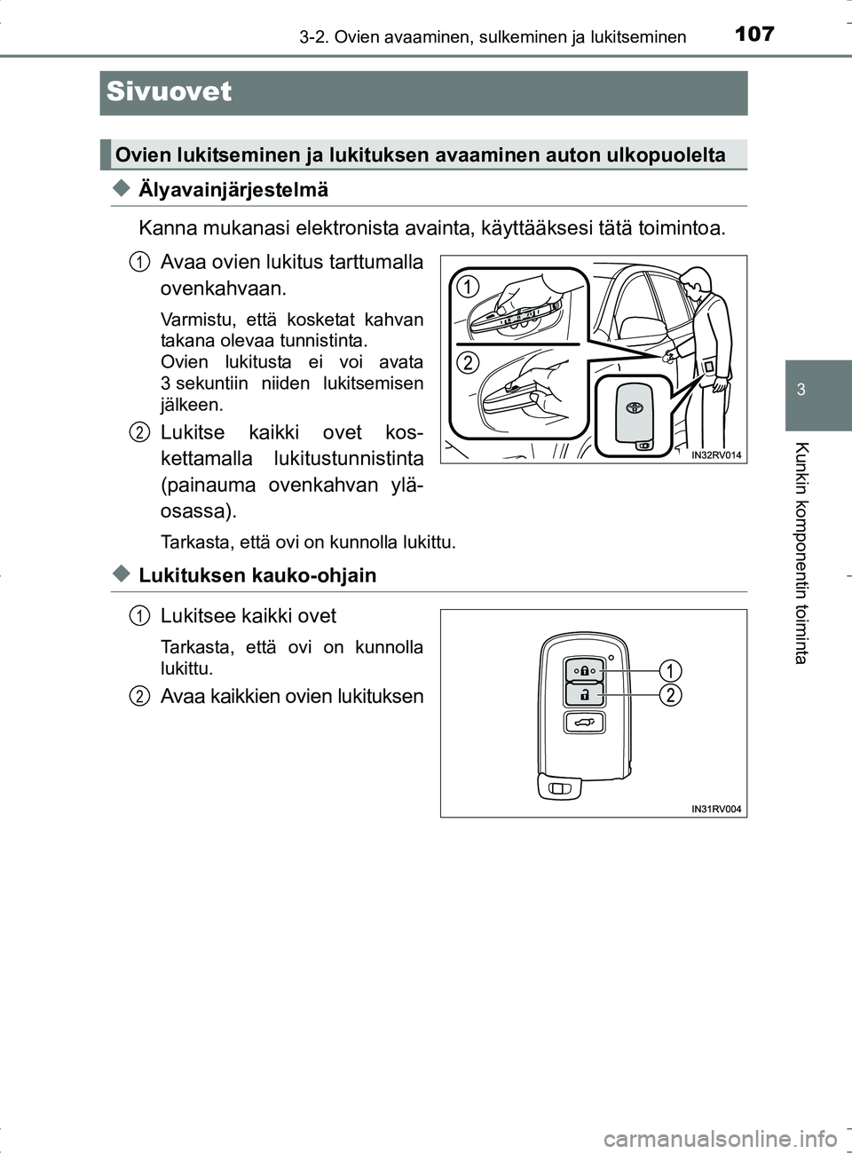TOYOTA RAV4 HYBRID 2017  Omistajan Käsikirja (in Finnish) 107
3
3-2. Ovien avaaminen, sulkeminen ja lukitseminen
Kunkin komponentin toiminta
OM42B04FI
Sivuovet
◆Älyavainjärjestelmä
Kanna mukanasi elektronista avainta, käyttääksesi tätä toimintoa.
A