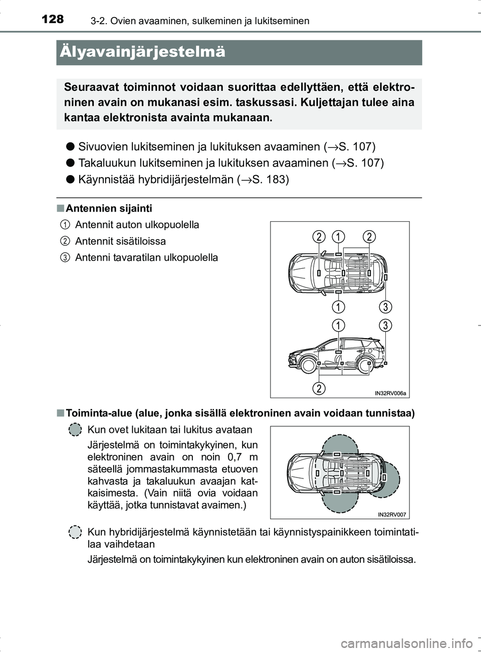 TOYOTA RAV4 HYBRID 2017  Omistajan Käsikirja (in Finnish) 1283-2. Ovien avaaminen, sulkeminen ja lukitseminen
OM42B04FI
Älyavainjärjestelmä
●Sivuovien lukitseminen ja lukituksen avaaminen ( →S. 107)
● Takaluukun lukitseminen ja lukituksen avaaminen 