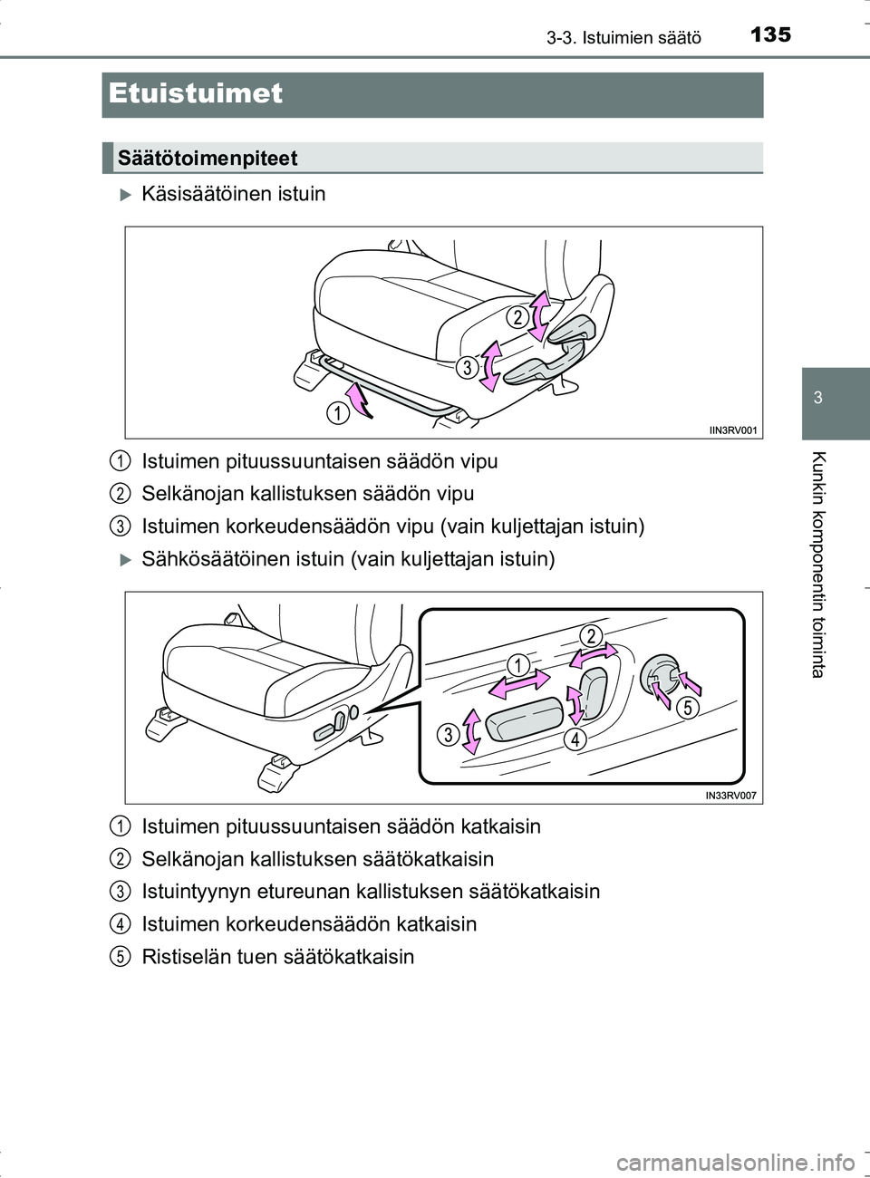 TOYOTA RAV4 HYBRID 2017  Omistajan Käsikirja (in Finnish) 135
3
3-3. Istuimien säätö
Kunkin komponentin toiminta
OM42B04FI
Etuistuimet
�XKäsisäätöinen istuin
Istuimen pituussuuntaisen säädön vipu
Selkänojan kallistuksen säädön vipu
Istuimen kor