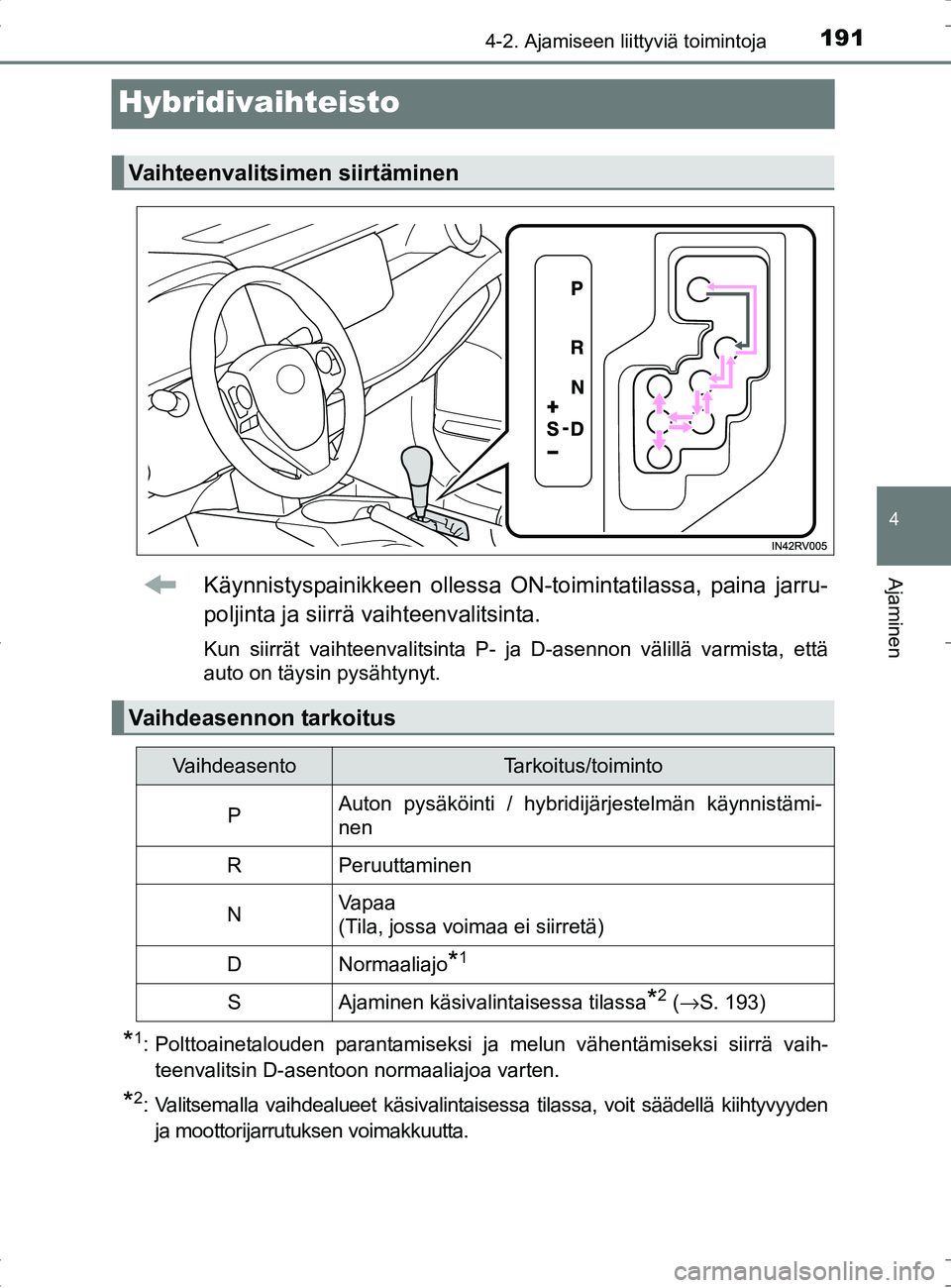 TOYOTA RAV4 HYBRID 2017  Omistajan Käsikirja (in Finnish) 191
4
4-2. Ajamiseen liittyviä toimintoja
Ajaminen
OM42B04FI
Hybridivaihteisto
Käynnistyspainikkeen ollessa ON-toimintatilassa, paina jarru-
poljinta ja siirrä vaihteenvalitsinta.
Kun siirrät vaih