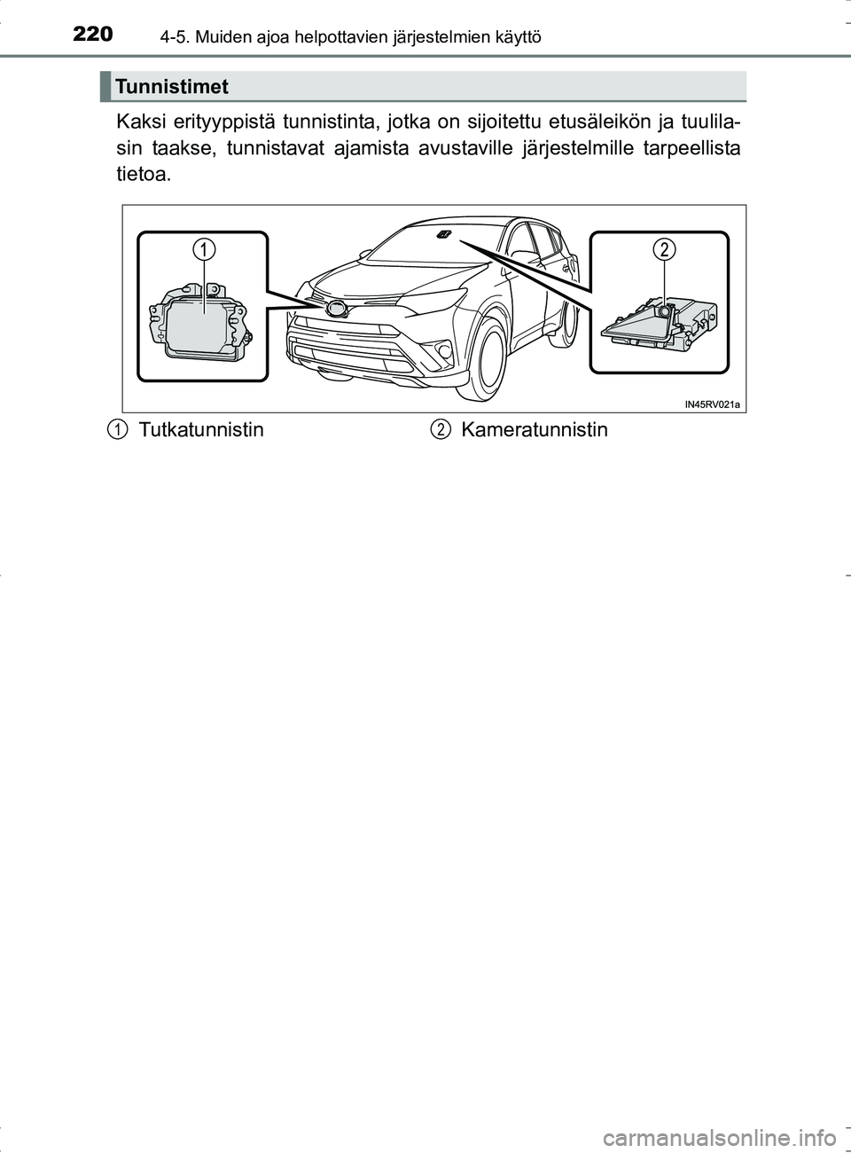 TOYOTA RAV4 HYBRID 2017 Omistajan Käsikirja (in Finnish) 2204-5. Muiden ajoa helpottavien järjestelmien käyttö
OM42B04FI
Kaksi erityyppistä tunnistinta, jotka on sijoitettu etusäleikön ja tuulila-
sin taakse, tunnistavat ajamista avus taville järjest TOYOTA RAV4 HYBRID 2017 Omistajan Käsikirja (in Finnish) 2204-5. Muiden ajoa helpottavien järjestelmien käyttö
OM42B04FI
Kaksi erityyppistä tunnistinta, jotka on sijoitettu etusäleikön ja tuulila-
sin taakse, tunnistavat ajamista avus taville järjest