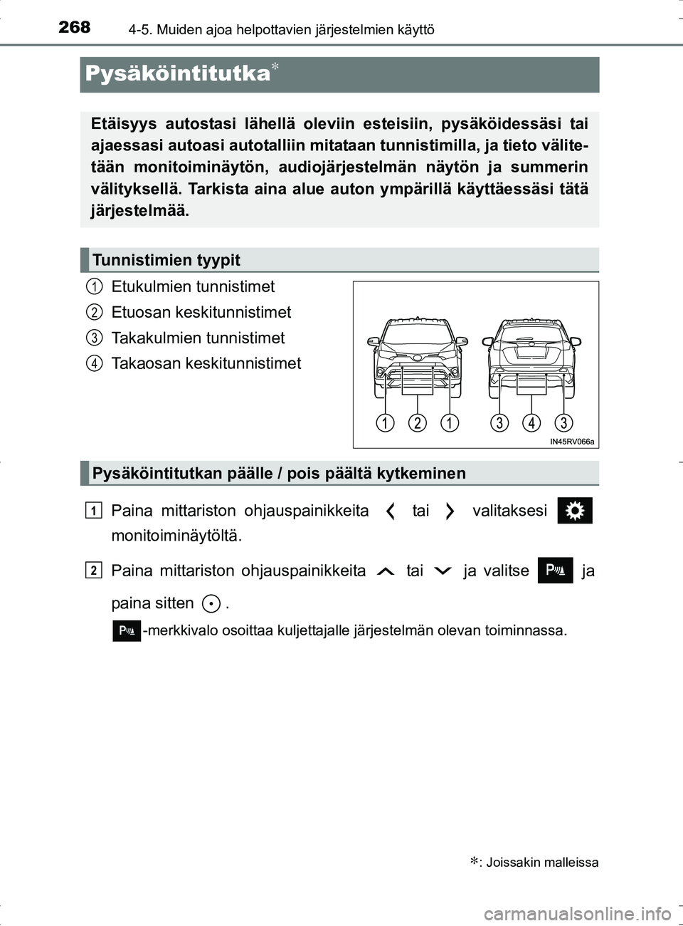 TOYOTA RAV4 HYBRID 2017 Omistajan Käsikirja (in Finnish) 2684-5. Muiden ajoa helpottavien järjestelmien käyttö
OM42B04FI
Pysäköintitutka∗
Etukulmien tunnistimet
Etuosan keskitunnistimet
Takakulmien tunnistimet
Takaosan keskitunnistimet
Paina mittaris TOYOTA RAV4 HYBRID 2017 Omistajan Käsikirja (in Finnish) 2684-5. Muiden ajoa helpottavien järjestelmien käyttö
OM42B04FI
Pysäköintitutka∗
Etukulmien tunnistimet
Etuosan keskitunnistimet
Takakulmien tunnistimet
Takaosan keskitunnistimet
Paina mittaris