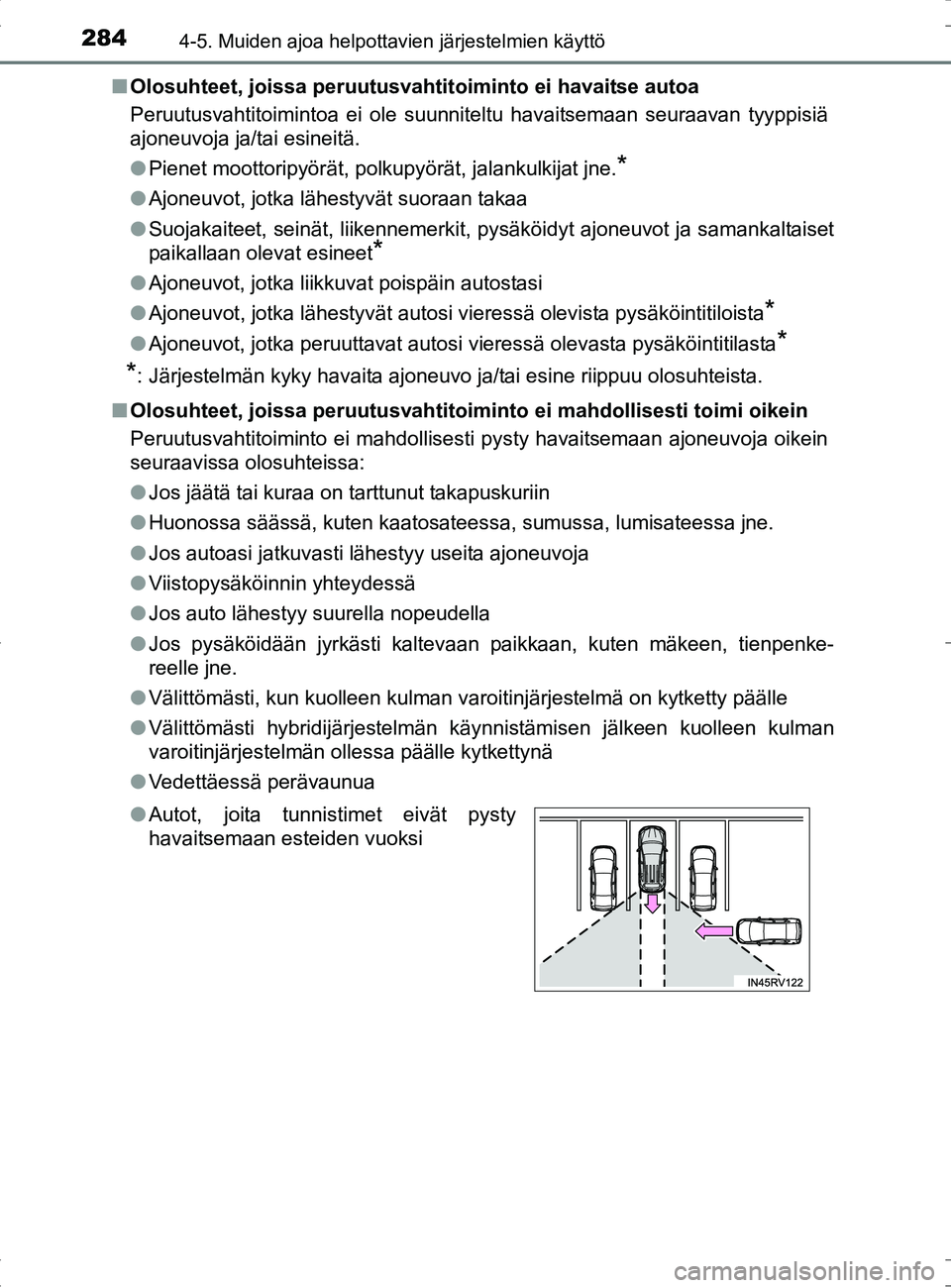 TOYOTA RAV4 HYBRID 2017 Omistajan Käsikirja (in Finnish) 2844-5. Muiden ajoa helpottavien järjestelmien käyttö
OM42B04FI■
Olosuhteet, joissa peruutusvahtitoiminto ei havaitse autoa
Peruutusvahtitoimintoa ei ole suunniteltu havaitsemaan seuraavan tyyppi TOYOTA RAV4 HYBRID 2017 Omistajan Käsikirja (in Finnish) 2844-5. Muiden ajoa helpottavien järjestelmien käyttö
OM42B04FI■
Olosuhteet, joissa peruutusvahtitoiminto ei havaitse autoa
Peruutusvahtitoimintoa ei ole suunniteltu havaitsemaan seuraavan tyyppi
