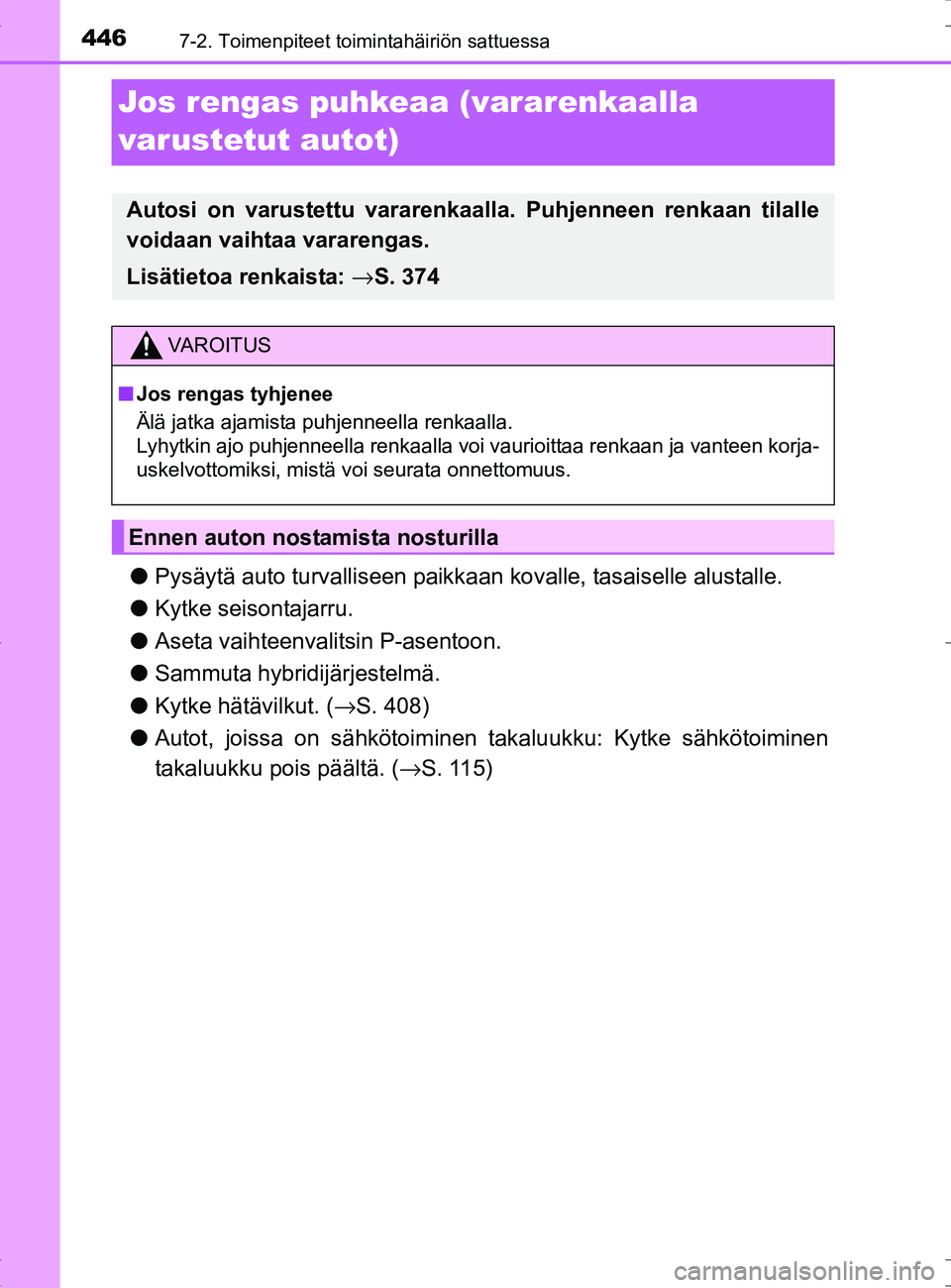 TOYOTA RAV4 HYBRID 2017 Omistajan Käsikirja (in Finnish) 4467-2. Toimenpiteet toimintahäiriön sattuessa
OM42B04FI
Jos rengas puhkeaa (vararenkaalla
varustetut autot)
●Pysäytä auto turvalliseen paikkaan kovalle, tasaiselle alustalle.
● Kytke seison TOYOTA RAV4 HYBRID 2017 Omistajan Käsikirja (in Finnish) 4467-2. Toimenpiteet toimintahäiriön sattuessa
OM42B04FI
Jos rengas puhkeaa (vararenkaalla
varustetut autot)
●Pysäytä auto turvalliseen paikkaan kovalle, tasaiselle alustalle.
● Kytke seison