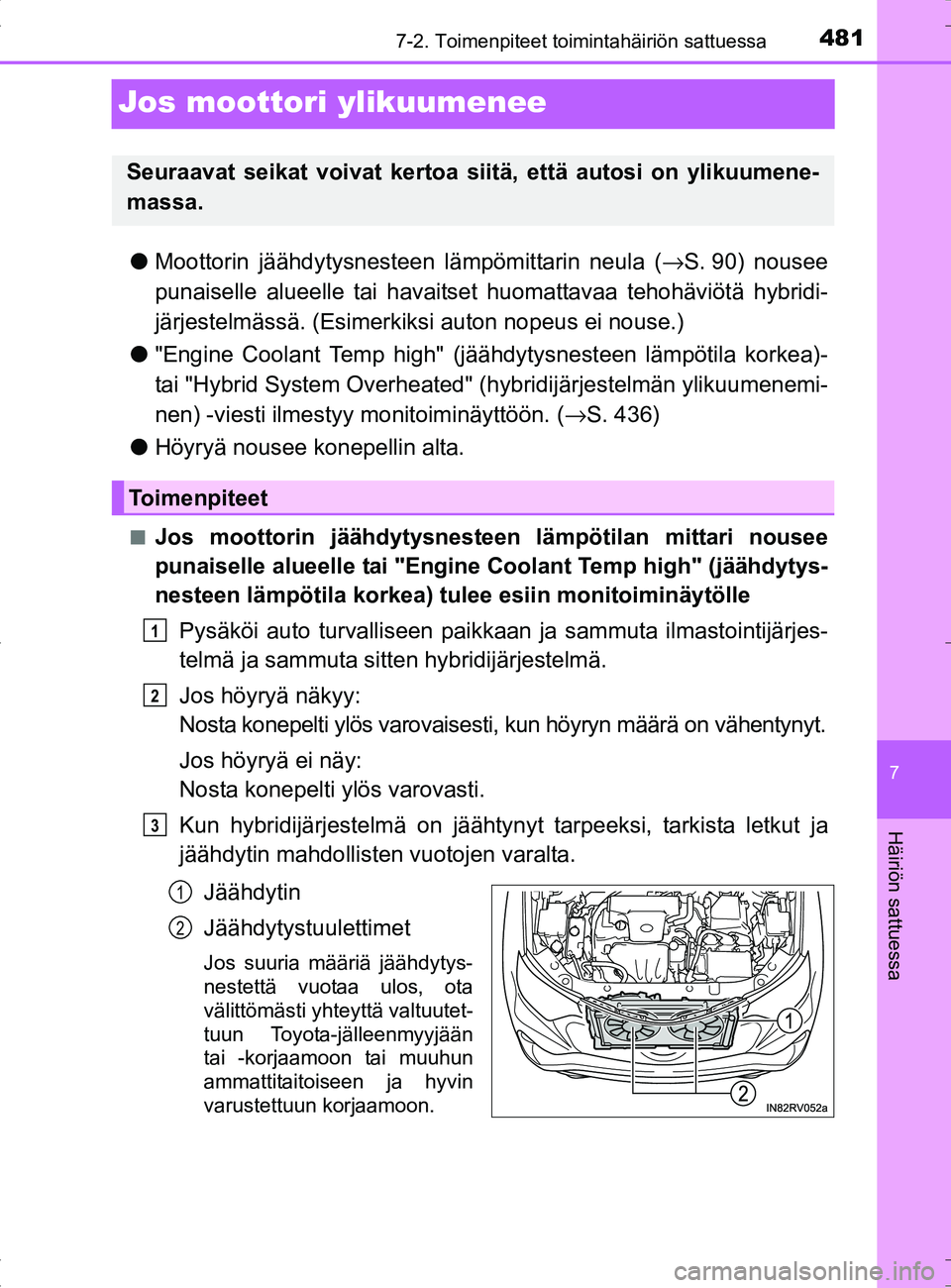 TOYOTA RAV4 HYBRID 2017  Omistajan Käsikirja (in Finnish) 4817-2. Toimenpiteet toimintahäiriön sattuessa
OM42B04FI
7
Häiriön sattuessa
Jos moottori ylikuumenee
●Moottorin jäähdytysnesteen  lämpömittarin neula (→S. 90) nousee
punaiselle alueelle t