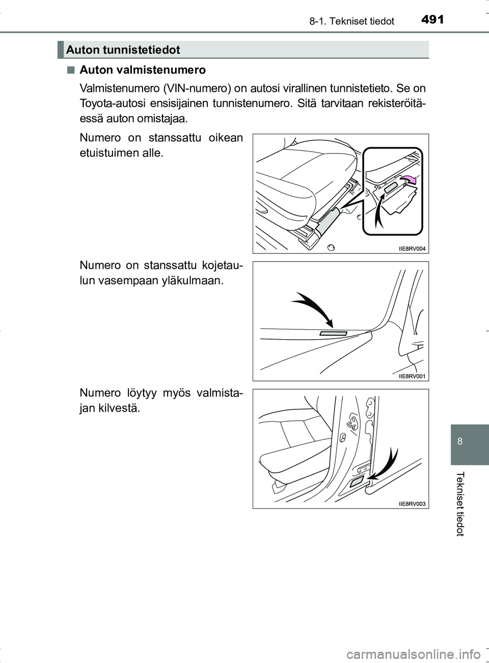 TOYOTA RAV4 HYBRID 2017  Omistajan Käsikirja (in Finnish) 4918-1. Tekniset tiedot
OM42B04FI
8
Tekniset tiedot
■Auton valmistenumero
Valmistenumero (VIN-numero) on autosi virallinen tunnistetieto. Se on
Toyota-autosi ensisijainen tunnistenumero. Sitä tarvi