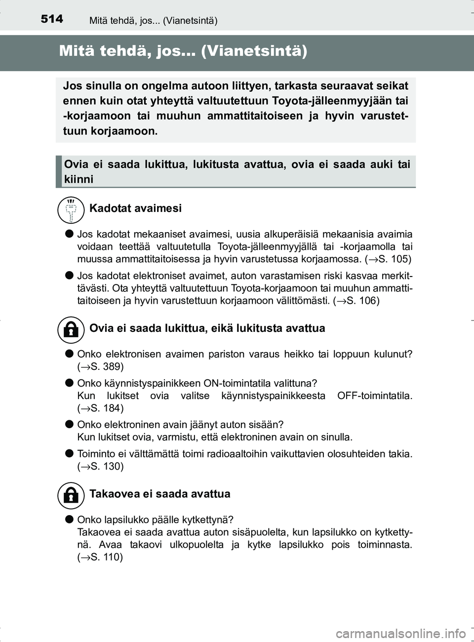 TOYOTA RAV4 HYBRID 2017 Omistajan Käsikirja (in Finnish) 514Mitä tehdä, jos... (Vianetsintä)
OM42B04FI
Mitä tehdä, jos... (Vianetsintä)
●Jos kadotat mekaaniset avaimesi, uusia alkuperäisiä mekaanisia avaimia
voidaan teettää valtuutetulla Toyota- TOYOTA RAV4 HYBRID 2017 Omistajan Käsikirja (in Finnish) 514Mitä tehdä, jos... (Vianetsintä)
OM42B04FI
Mitä tehdä, jos... (Vianetsintä)
●Jos kadotat mekaaniset avaimesi, uusia alkuperäisiä mekaanisia avaimia
voidaan teettää valtuutetulla Toyota-