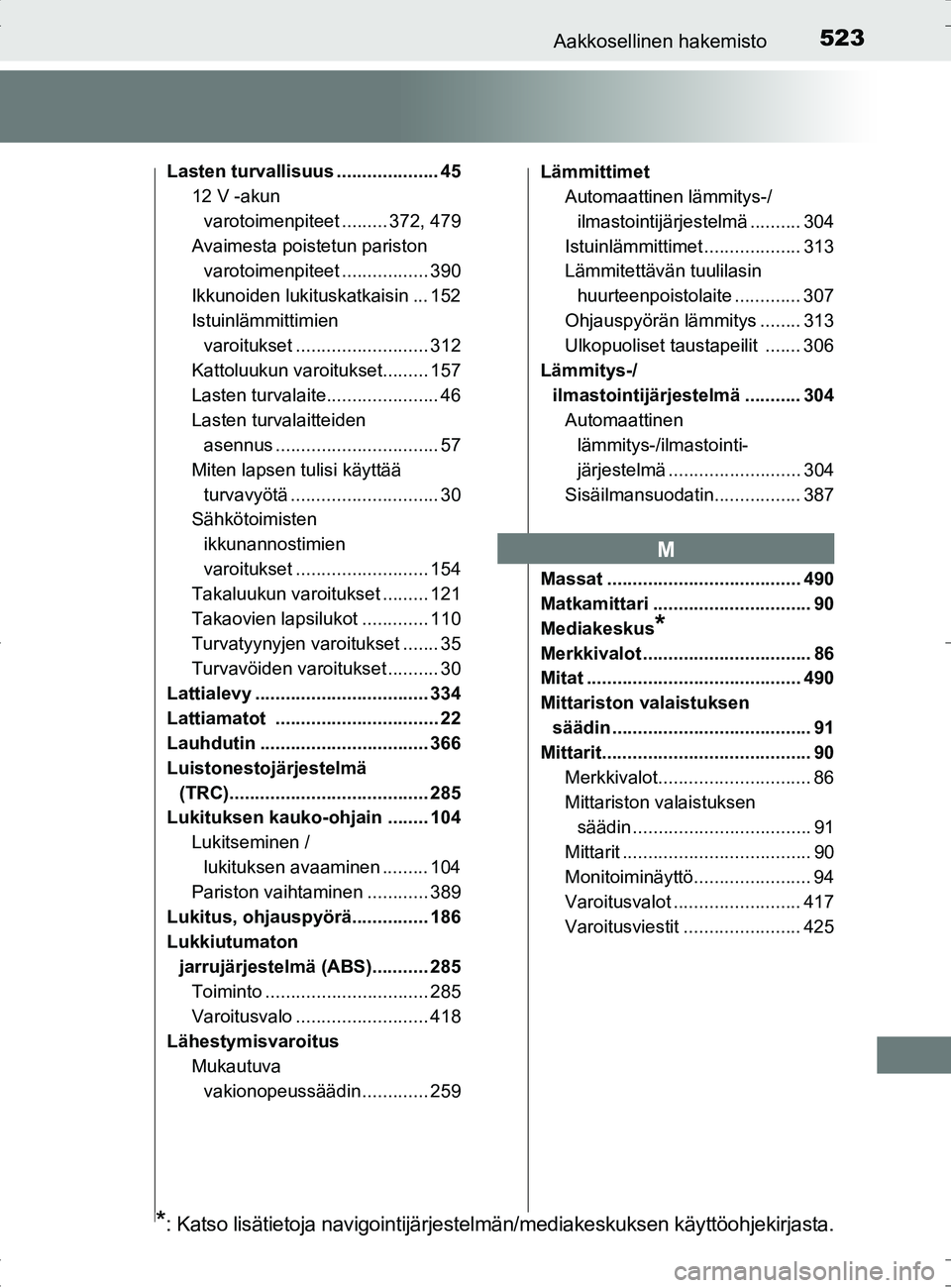 TOYOTA RAV4 HYBRID 2017 Omistajan Käsikirja (in Finnish) 523Aakkosellinen hakemisto
OM42B04FI
Lasten turvallisuus .................... 4512 V -akun
varotoimenpiteet ......... 372, 479
Avaimesta poistetun pariston varotoimenpiteet ................. 390
Ikk TOYOTA RAV4 HYBRID 2017 Omistajan Käsikirja (in Finnish) 523Aakkosellinen hakemisto
OM42B04FI
Lasten turvallisuus .................... 4512 V -akun
varotoimenpiteet ......... 372, 479
Avaimesta poistetun pariston varotoimenpiteet ................. 390
Ikk
