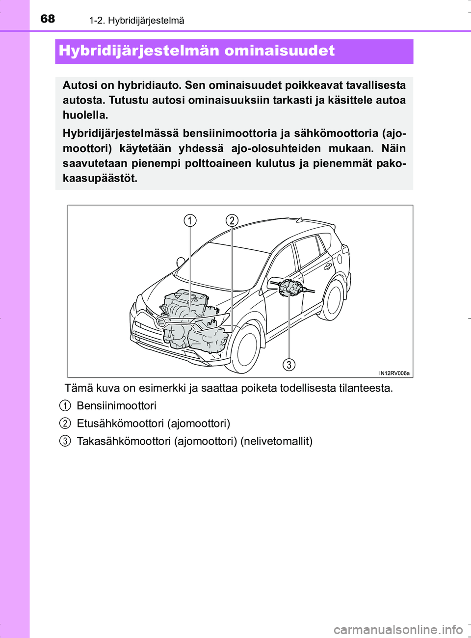 TOYOTA RAV4 HYBRID 2017  Omistajan Käsikirja (in Finnish) 681-2. Hybridijärjestelmä
OM42B04FI
Hybridijärjestelmän ominaisuudet
Tämä kuva on esimerkki ja saattaa poiketa todellisesta tilanteesta.Bensiinimoottori
Etusähkömoottori (ajomoottori)
Takasäh