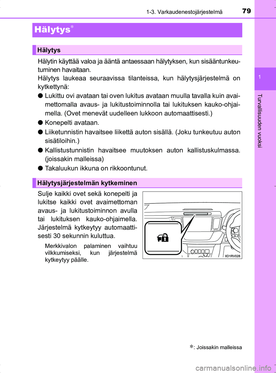 TOYOTA RAV4 HYBRID 2017  Omistajan Käsikirja (in Finnish) 79
1
1-3. Varkaudenestojärjestelmä
OM42B04FI
Turvallisuuden vuoksi
Hälytys∗
Hälytin käyttää valoa ja ääntä antaessaan hälytyksen, kun sisääntunkeu-
tuminen havaitaan.
Hälytys laukeaa s