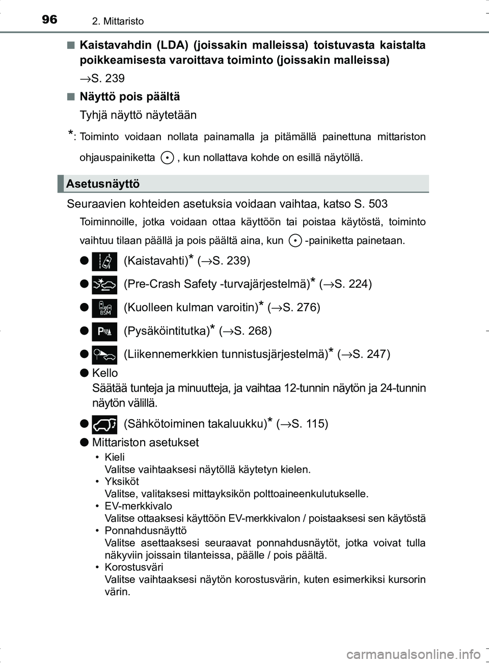 TOYOTA RAV4 HYBRID 2017  Omistajan Käsikirja (in Finnish) 962. Mittaristo
OM42B04FI■
Kaistavahdin (LDA) (joissakin malleissa) toistuvasta kaistalta
poikkeamisesta varoittava toim
into (joissakin malleissa)
→ S. 239
■Näyttö pois päältä
Tyhjä näyt