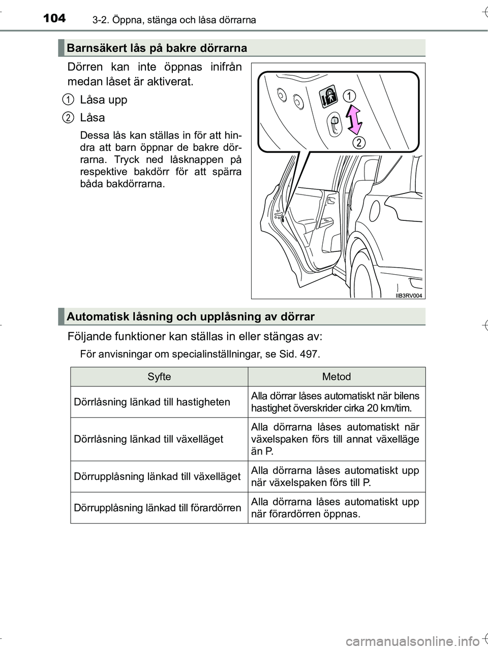TOYOTA RAV4 HYBRID 2017 Bruksanvisningar (in Swedish) 1043-2. Öppna, stänga och låsa dörrarna
OM42B04SE
Dörren kan inte öppnas inifrån
medan låset är aktiverat.Låsa upp
Låsa
Dessa lås kan ställas in för att hin-
dra att barn öppnar de bakr TOYOTA RAV4 HYBRID 2017 Bruksanvisningar (in Swedish) 1043-2. Öppna, stänga och låsa dörrarna
OM42B04SE
Dörren kan inte öppnas inifrån
medan låset är aktiverat.Låsa upp
Låsa
Dessa lås kan ställas in för att hin-
dra att barn öppnar de bakr