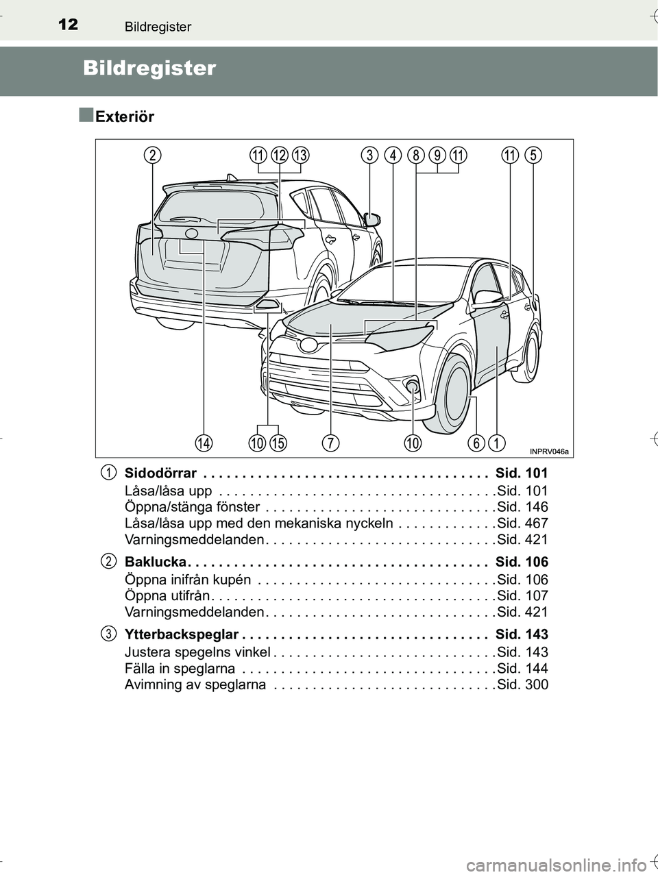 TOYOTA RAV4 HYBRID 2017  Bruksanvisningar (in Swedish) 12Bildregister
OM42B04SE
Bildregister
■
Exteriör
Sidodörrar  . . . . . . . . . . . . . . . . . . . . . . . . . . . . . . . . . . . . .  Sid. 101
Låsa/låsa upp  . . . . . . . . . . . . . . . . . 