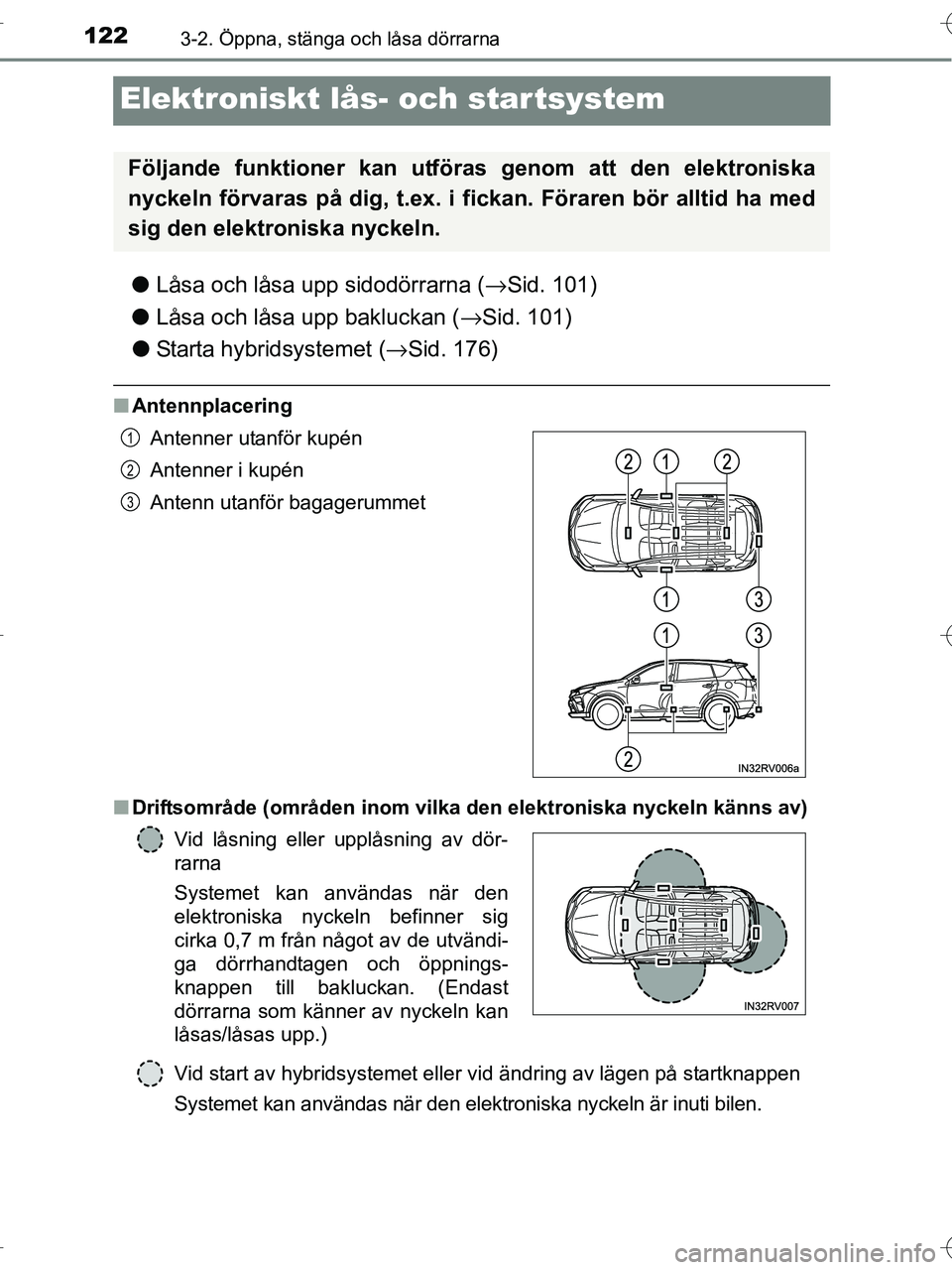 TOYOTA RAV4 HYBRID 2017 Bruksanvisningar (in Swedish) 1223-2. Öppna, stänga och låsa dörrarna
OM42B04SE
Elektroniskt lås- och startsystem
●Låsa och låsa upp sidodörrarna ( →Sid. 101)
● Låsa och låsa upp bakluckan ( →Sid. 101)
● Starta TOYOTA RAV4 HYBRID 2017 Bruksanvisningar (in Swedish) 1223-2. Öppna, stänga och låsa dörrarna
OM42B04SE
Elektroniskt lås- och startsystem
●Låsa och låsa upp sidodörrarna ( →Sid. 101)
● Låsa och låsa upp bakluckan ( →Sid. 101)
● Starta