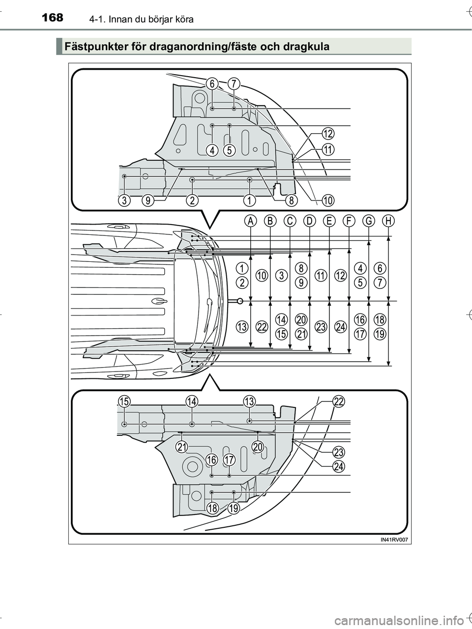 TOYOTA RAV4 HYBRID 2017  Bruksanvisningar (in Swedish) 1684-1. Innan du börjar köra
OM42B04SE
Fästpunkter för draganordning/fäste och dragkula
OM42B04SE.book  Page 168  Wednesday, September 7, 2016  1:34 AM 
