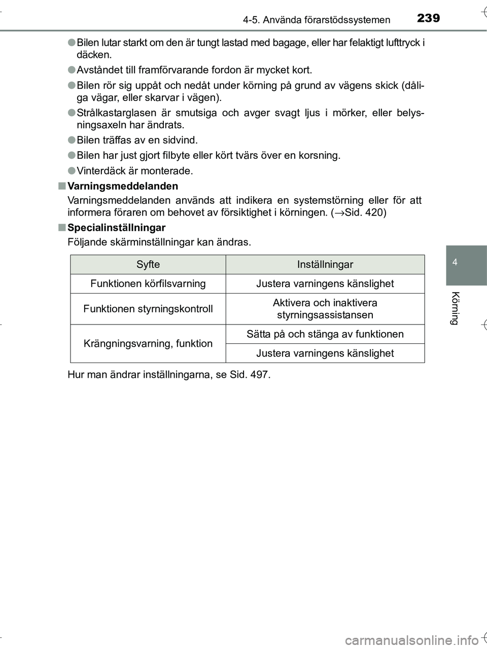 TOYOTA RAV4 HYBRID 2017 Bruksanvisningar (in Swedish) 2394-5. Använda förarstödssystemen
4
Körning
OM42B04SE●
Bilen lutar starkt om den är tungt lastad med bagage, eller har felaktigt lufttryck i
däcken.
● Avståndet till framförvarande fordon TOYOTA RAV4 HYBRID 2017 Bruksanvisningar (in Swedish) 2394-5. Använda förarstödssystemen
4
Körning
OM42B04SE●
Bilen lutar starkt om den är tungt lastad med bagage, eller har felaktigt lufttryck i
däcken.
● Avståndet till framförvarande fordon