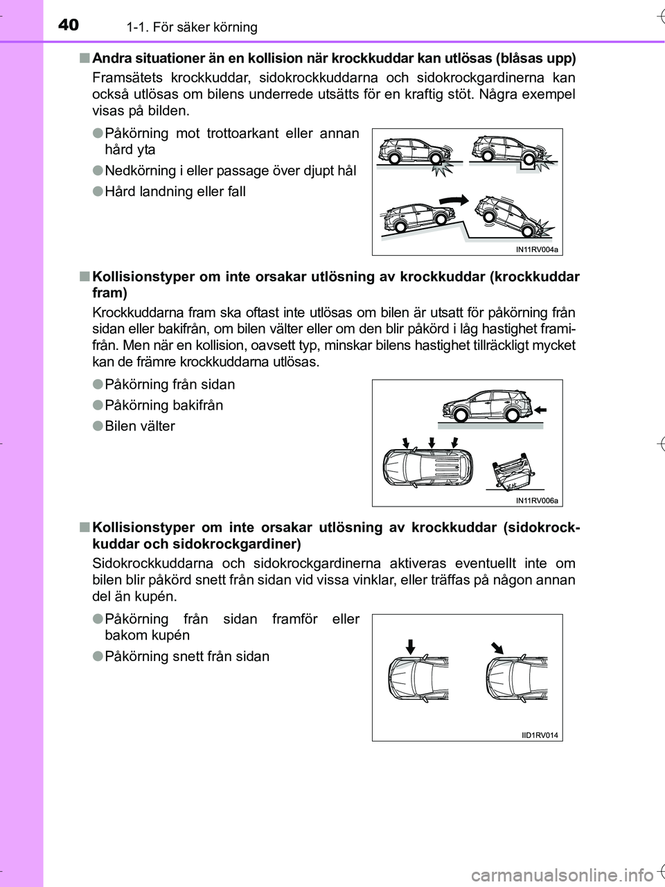 TOYOTA RAV4 HYBRID 2017  Bruksanvisningar (in Swedish) 401-1. För säker körning
OM42B04SE■
Andra situationer än en kollision nä r krockkuddar kan utlösas (blåsas upp)
Framsätets krockkuddar, sidokrockkuddarna och sidokrockgardinerna kan
också u