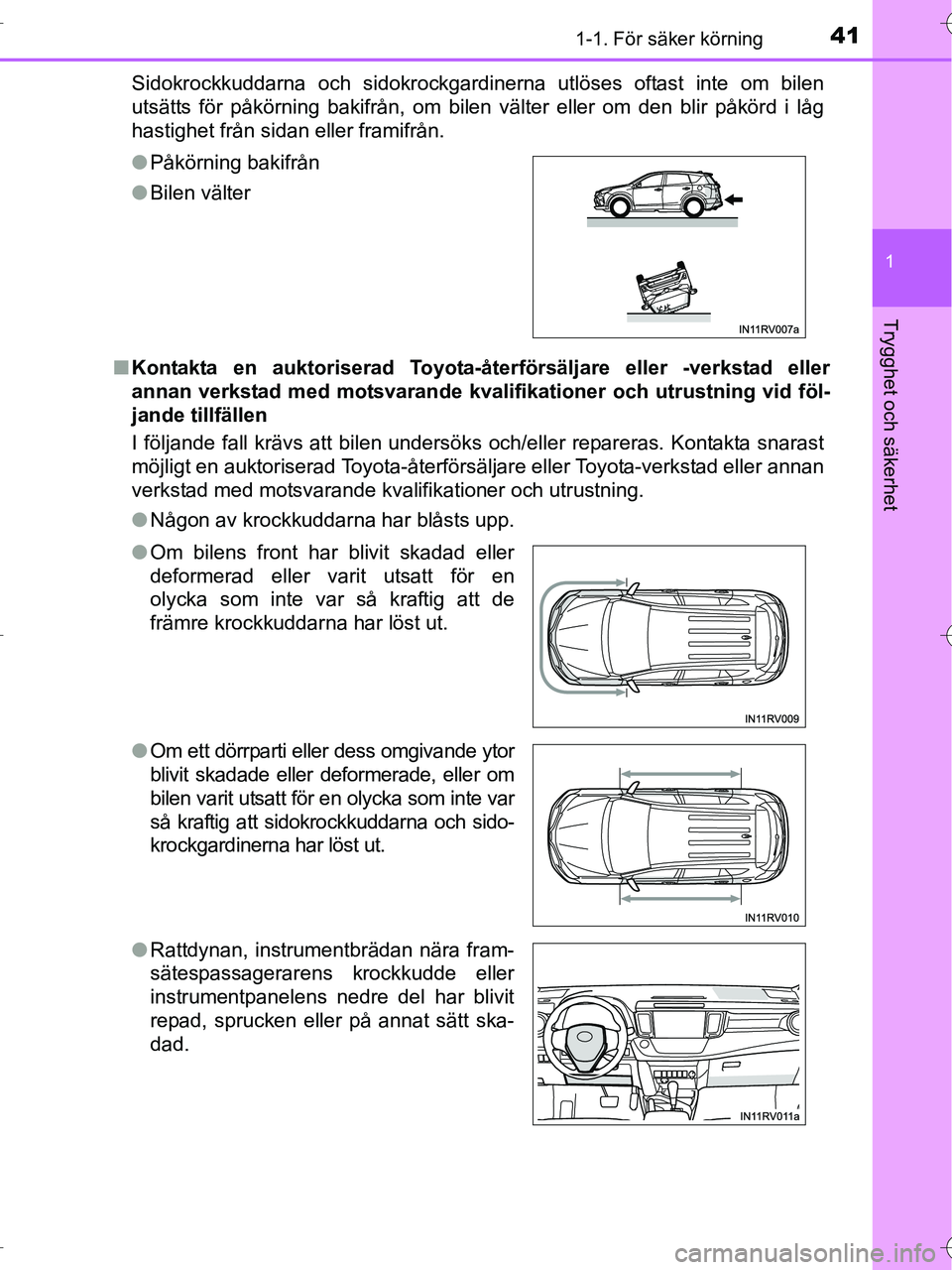 TOYOTA RAV4 HYBRID 2017  Bruksanvisningar (in Swedish) 411-1. För säker körning
1
OM42B04SE
Trygghet och säkerhet
Sidokrockkuddarna och sidokrockgardinerna utlöses oftast inte om bilen
utsätts för påkörning bakifrån, om bilen välter eller om de