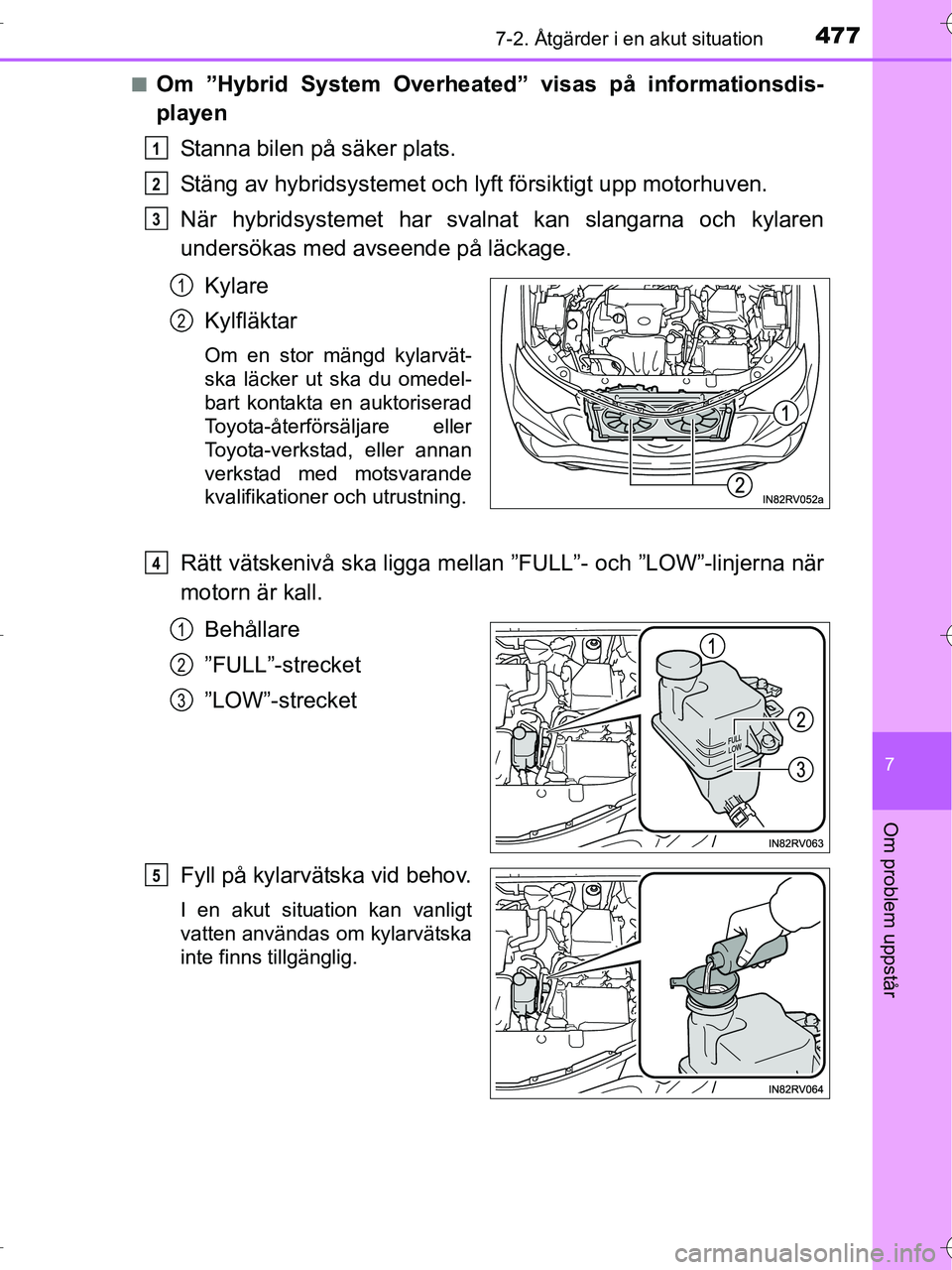 TOYOTA RAV4 HYBRID 2017 Bruksanvisningar (in Swedish) 4777-2. Åtgärder i en akut situation
OM42B04SE
7
Om problem uppstår
■Om ”Hybrid System Overheated” visas på informationsdis-
playen
Stanna bilen på säker plats.
Stäng av hybridsystemet oc TOYOTA RAV4 HYBRID 2017 Bruksanvisningar (in Swedish) 4777-2. Åtgärder i en akut situation
OM42B04SE
7
Om problem uppstår
■Om ”Hybrid System Overheated” visas på informationsdis-
playen
Stanna bilen på säker plats.
Stäng av hybridsystemet oc