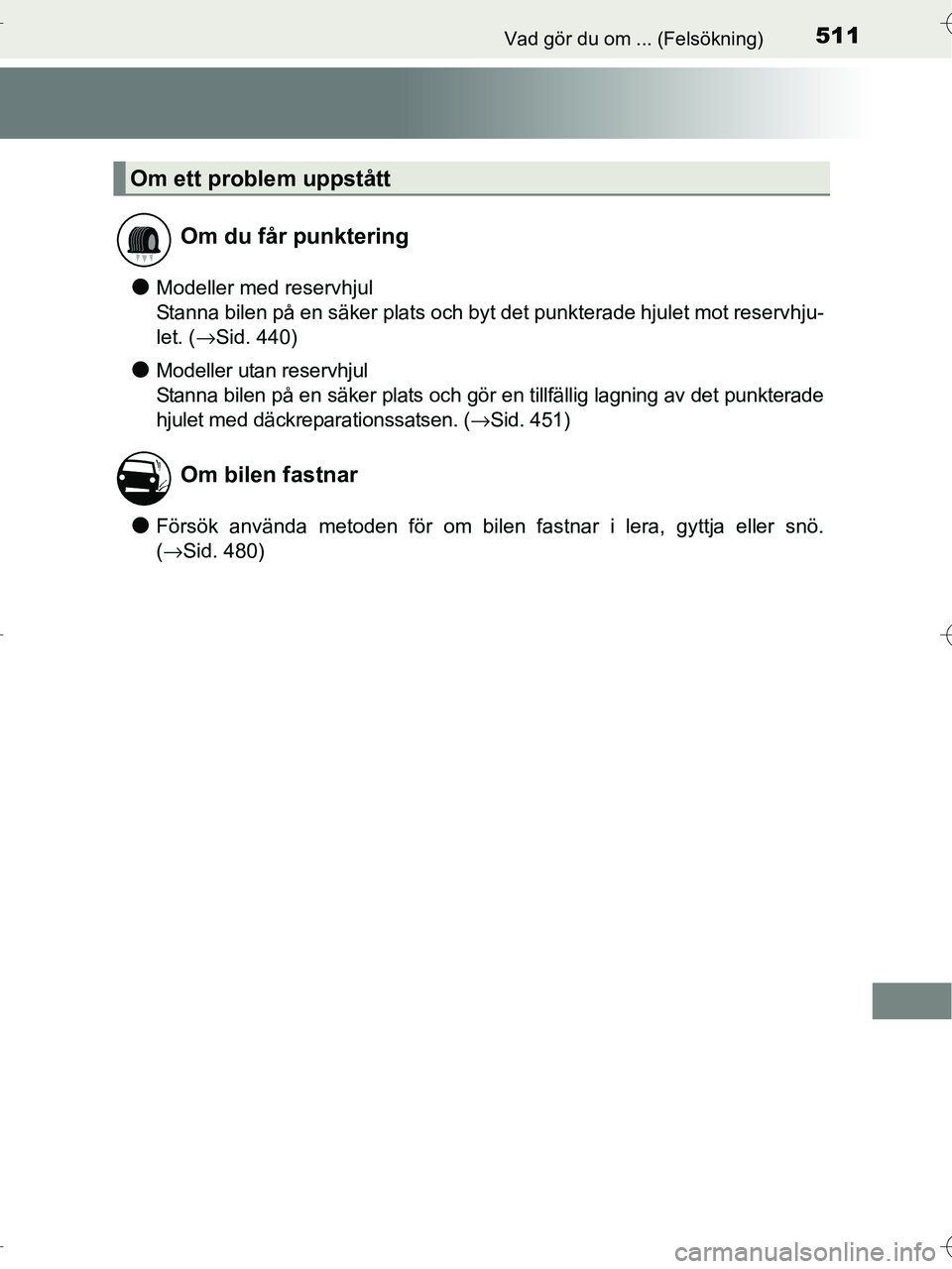 TOYOTA RAV4 HYBRID 2017  Bruksanvisningar (in Swedish) 511Vad gör du om ... (Felsökning)
OM42B04SE
●Modeller med reservhjul 
Stanna bilen på en säker plats och byt det punkterade hjulet mot reservhju-
let. (→Sid. 440)
●Modeller utan reservhjul 
