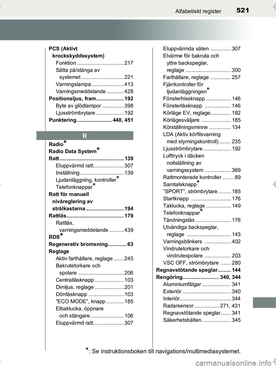 TOYOTA RAV4 HYBRID 2017 Bruksanvisningar (in Swedish) 521Alfabetiskt register
OM42B04SE
PCS (Aktivt krockskyddssystem)
Funktion ................................ 217
Sätta på/stänga av systemet ............ ................. 221
Varningslampa ......... TOYOTA RAV4 HYBRID 2017 Bruksanvisningar (in Swedish) 521Alfabetiskt register
OM42B04SE
PCS (Aktivt krockskyddssystem)
Funktion ................................ 217
Sätta på/stänga av systemet ............ ................. 221
Varningslampa .........
