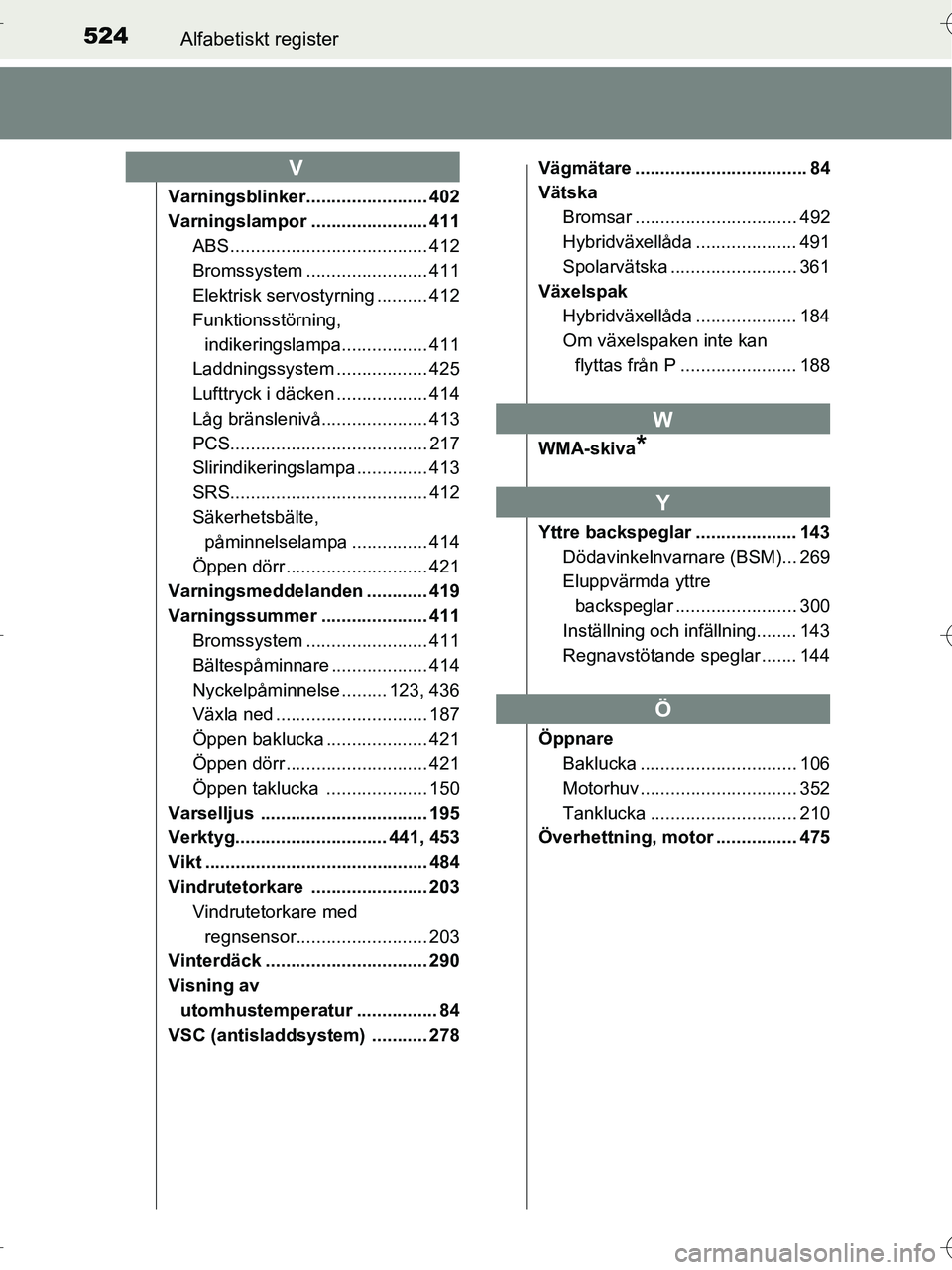 TOYOTA RAV4 HYBRID 2017 Bruksanvisningar (in Swedish) 524Alfabetiskt register
OM42B04SE
Varningsblinker........................ 402
Varningslampor ....................... 411ABS ....................................... 412
Bromssystem ....... ............ TOYOTA RAV4 HYBRID 2017 Bruksanvisningar (in Swedish) 524Alfabetiskt register
OM42B04SE
Varningsblinker........................ 402
Varningslampor ....................... 411ABS ....................................... 412
Bromssystem ....... ............