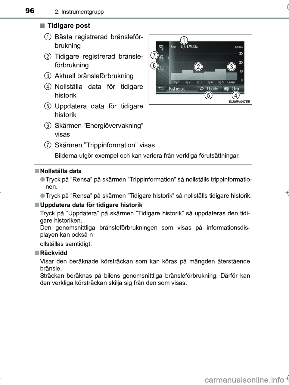 TOYOTA RAV4 HYBRID 2017  Bruksanvisningar (in Swedish) 962. Instrumentgrupp
OM42B04SE■
Tidigare post
Bästa registrerad bränsleför-
brukning
Tidigare registrerad bränsle-
förbrukning
Aktuell bränsleförbrukning
Nollställa data för tidigare
histor