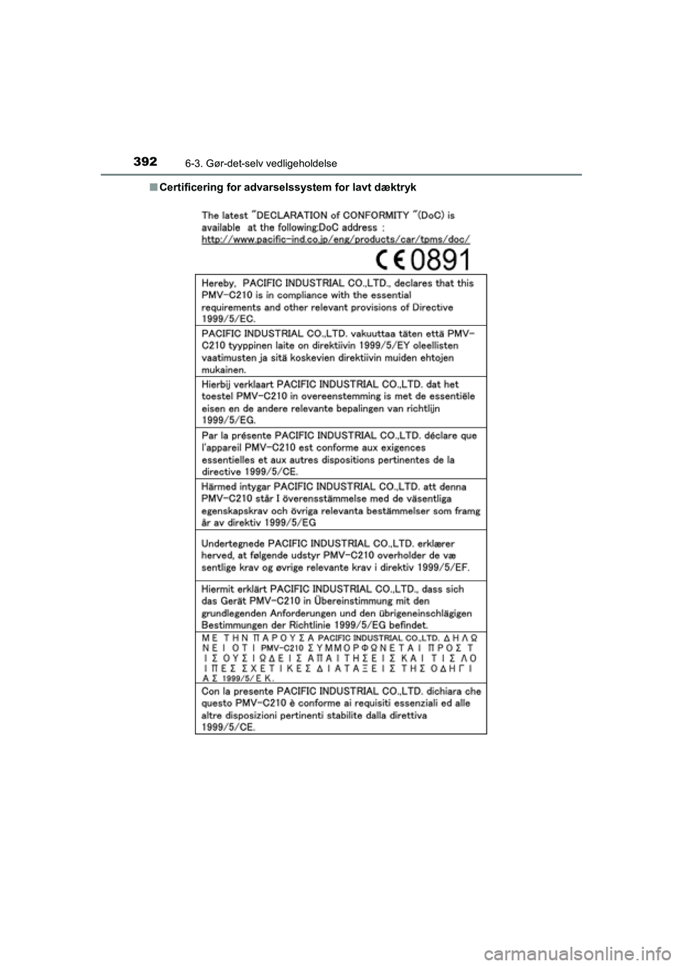 TOYOTA RAV4 HYBRID 2016  Brugsanvisning (in Danish) 3926-3. Gør-det-selv vedligeholdelse
OM42A57DK■Certificering for advarselssystem for lavt dæktryk
OM42A57DK.book  Page 392  Tuesday, December 15, 2015  9:07 PM 