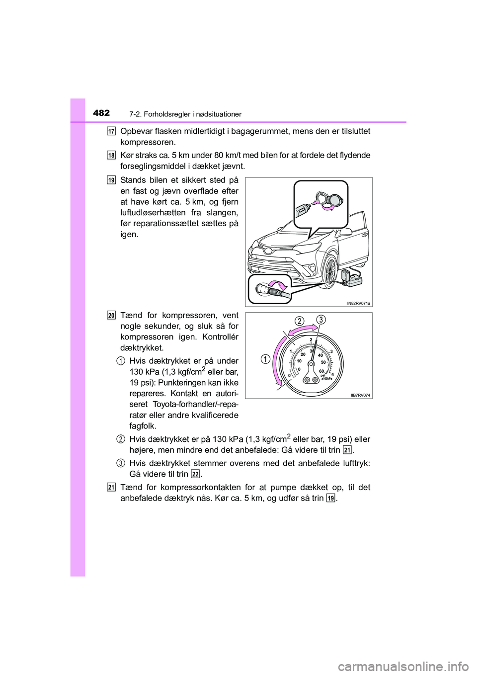 TOYOTA RAV4 HYBRID 2016 Brugsanvisning (in Danish) 4827-2. Forholdsregler i nødsituationer
OM42A57DK
Opbevar flasken midlertidigt i bagagerummet, mens den er tilsluttet
kompressoren.
Kør straks ca. 5 km under 80 km/t med bilen for at fordele det fly TOYOTA RAV4 HYBRID 2016 Brugsanvisning (in Danish) 4827-2. Forholdsregler i nødsituationer
OM42A57DK
Opbevar flasken midlertidigt i bagagerummet, mens den er tilsluttet
kompressoren.
Kør straks ca. 5 km under 80 km/t med bilen for at fordele det fly