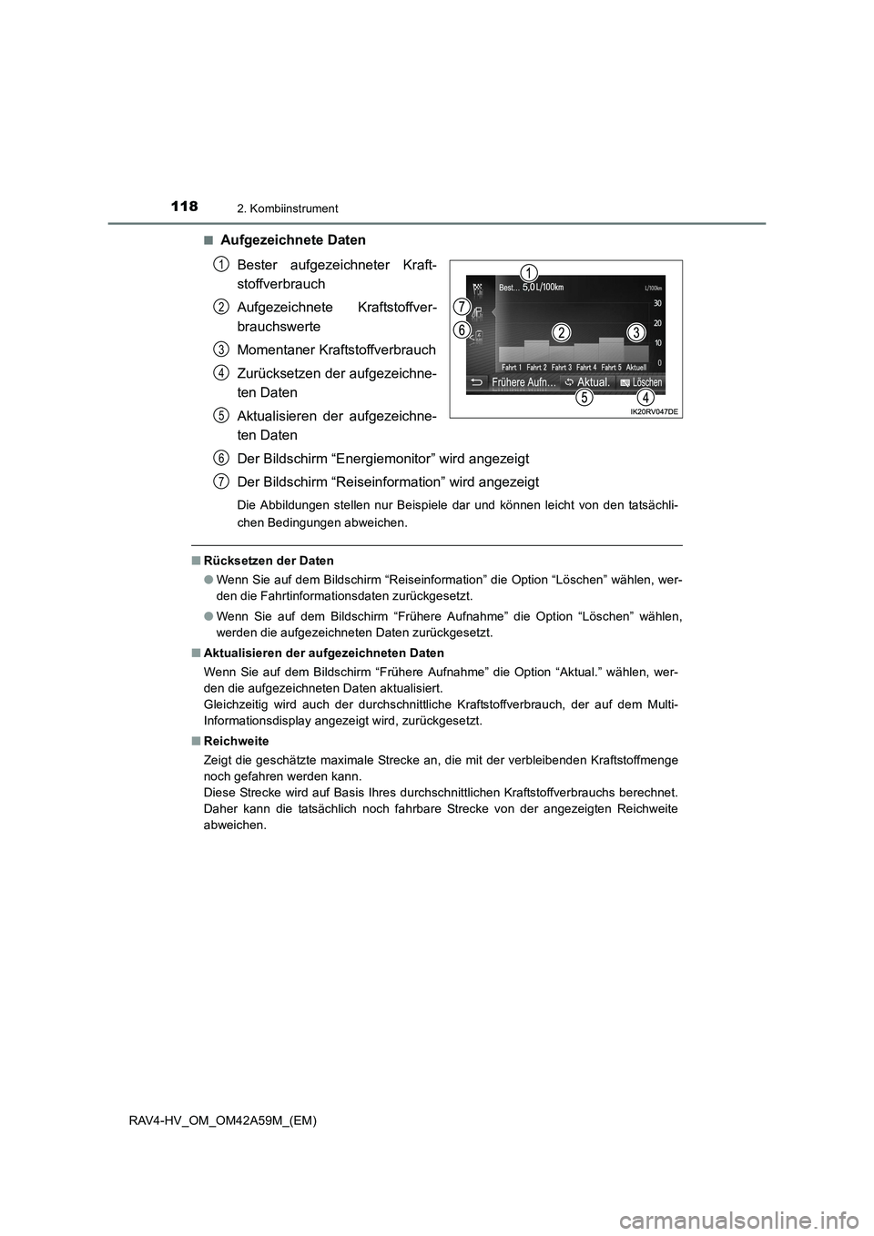 TOYOTA RAV4 HYBRID 2015  Betriebsanleitungen (in German) 1182. Kombiinstrument
RAV4-HV_OM_OM42A59M_(EM)■
Aufgezeichnete Daten
Bester aufgezeichneter Kraft-
stoffverbrauch
Aufgezeichnete Kraftstoffver-
brauchswerte
Momentaner Kraftstoffverbrauch
Zurückset