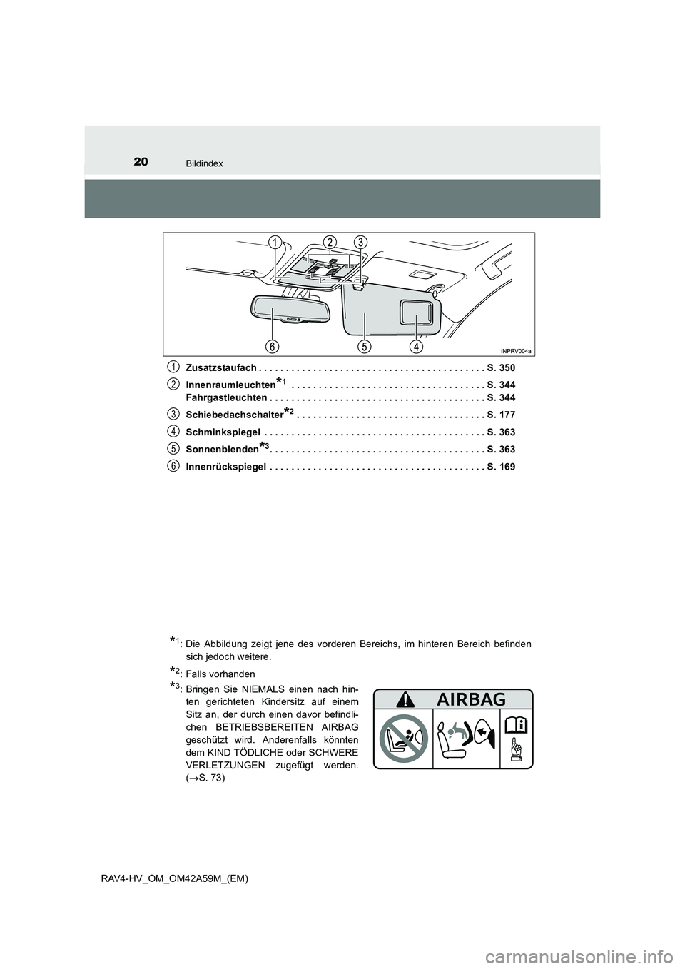 TOYOTA RAV4 HYBRID 2015  Betriebsanleitungen (in German) 20Bildindex
RAV4-HV_OM_OM42A59M_(EM)Zusatzstaufach . . . . . . . . . . . . . . . . . . . . . . . . . . . . . . . . . . . . . . . . . . S. 350
Innenraumleuchten
*1 . . . . . . . . . . . . . . . . . . .