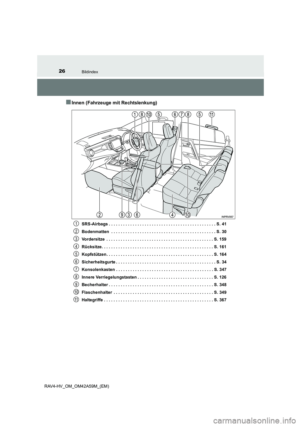 TOYOTA RAV4 HYBRID 2015  Betriebsanleitungen (in German) 26Bildindex
RAV4-HV_OM_OM42A59M_(EM)
■Innen (Fahrzeuge mit Rechtslenkung)
SRS-Airbags . . . . . . . . . . . . . . . . . . . . . . . . . . . . . . . . . . . . . . . . . . . . . S. 41
Bodenmatten  . .