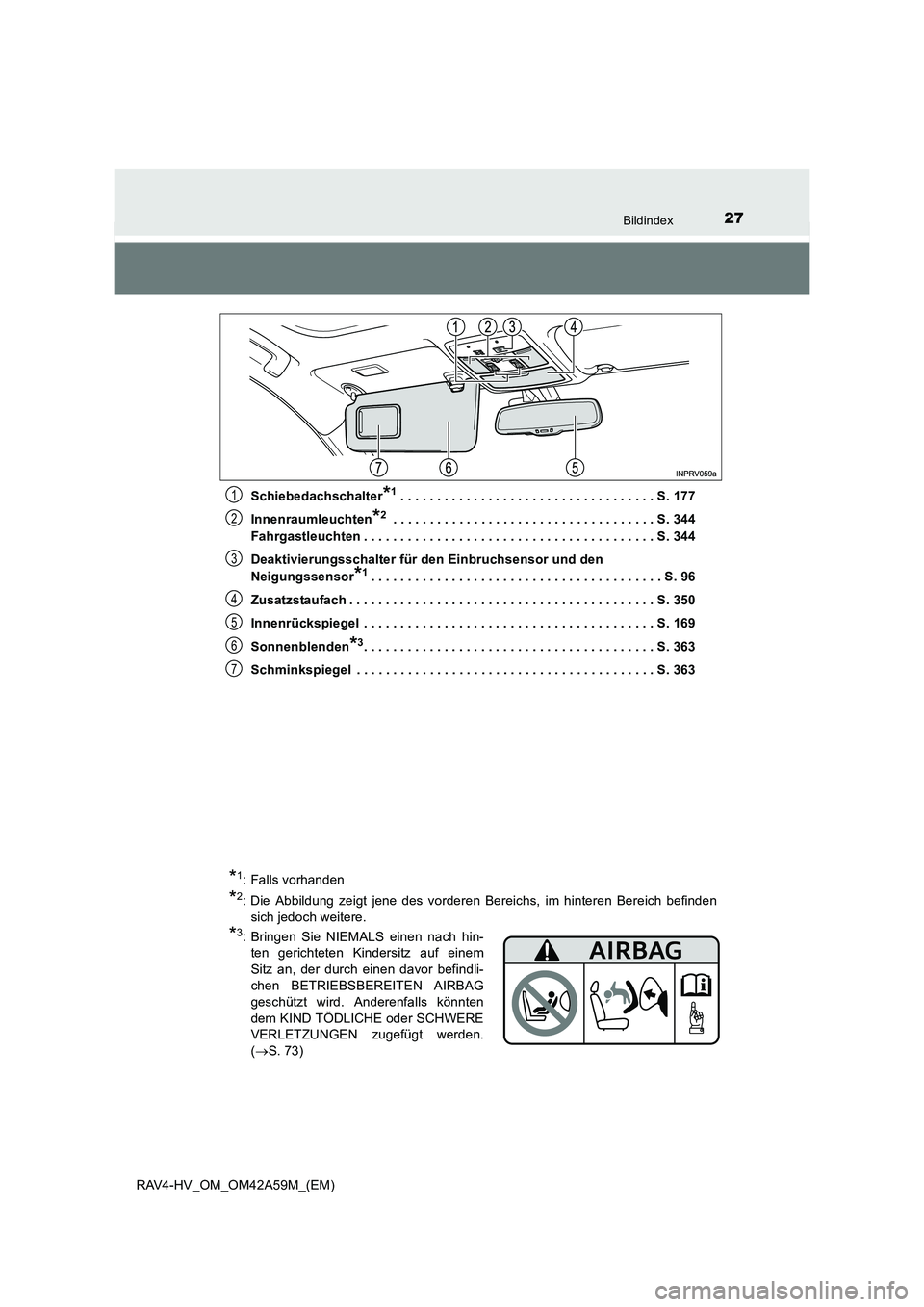 TOYOTA RAV4 HYBRID 2015  Betriebsanleitungen (in German) 27Bildindex
RAV4-HV_OM_OM42A59M_(EM)Schiebedachschalter
*1 . . . . . . . . . . . . . . . . . . . . . . . . . . . . . . . . . . . S. 177
Innenraumleuchten
*2 . . . . . . . . . . . . . . . . . . . . . .