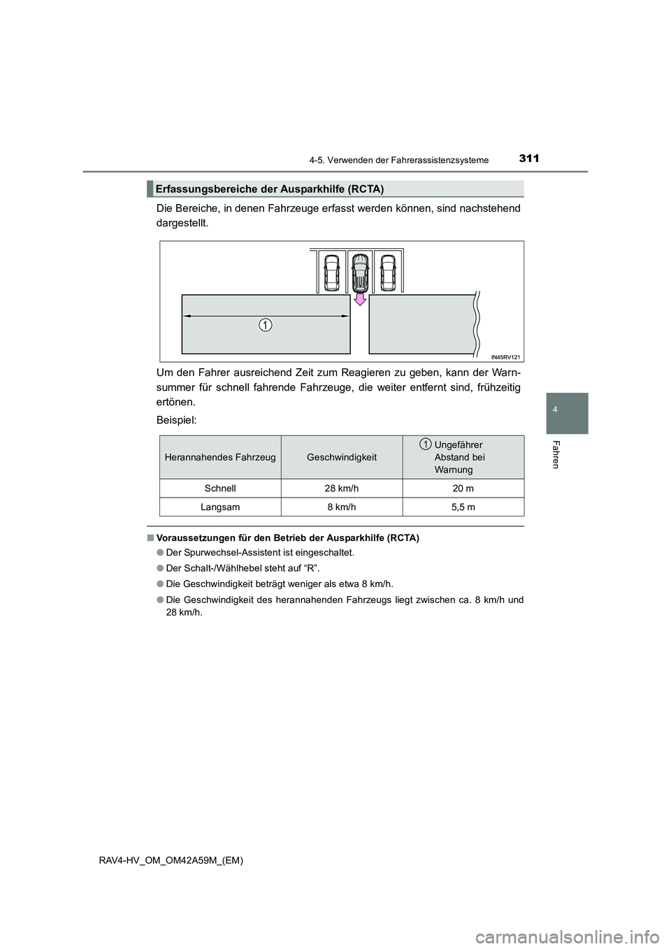 TOYOTA RAV4 HYBRID 2015 Betriebsanleitungen (in German) 3114-5. Verwenden der Fahrerassistenzsysteme
4
Fahren
RAV4-HV_OM_OM42A59M_(EM)
Die Bereiche, in denen Fahrzeuge erfasst werden können, sind nachstehend
dargestellt.
Um den Fahrer ausreichend Zeit zum TOYOTA RAV4 HYBRID 2015 Betriebsanleitungen (in German) 3114-5. Verwenden der Fahrerassistenzsysteme
4
Fahren
RAV4-HV_OM_OM42A59M_(EM)
Die Bereiche, in denen Fahrzeuge erfasst werden können, sind nachstehend
dargestellt.
Um den Fahrer ausreichend Zeit zum
