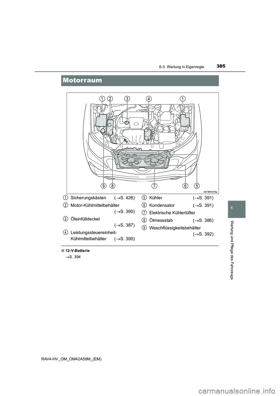 TOYOTA RAV4 HYBRID 2015 Betriebsanleitungen (in German) 3856-3. Wartung in Eigenregie
RAV4-HV_OM_OM42A59M_(EM)
6
Wartung und Pflege des Fahrzeugs
Motorraum
■12-V-Batterie
→S. 394
Sicherungskästen ( →S. 426)
Motor-Kühlmittelbehälter (→ S. 390)
TOYOTA RAV4 HYBRID 2015 Betriebsanleitungen (in German) 3856-3. Wartung in Eigenregie
RAV4-HV_OM_OM42A59M_(EM)
6
Wartung und Pflege des Fahrzeugs
Motorraum
■12-V-Batterie
→S. 394
Sicherungskästen ( →S. 426)
Motor-Kühlmittelbehälter (→ S. 390)
