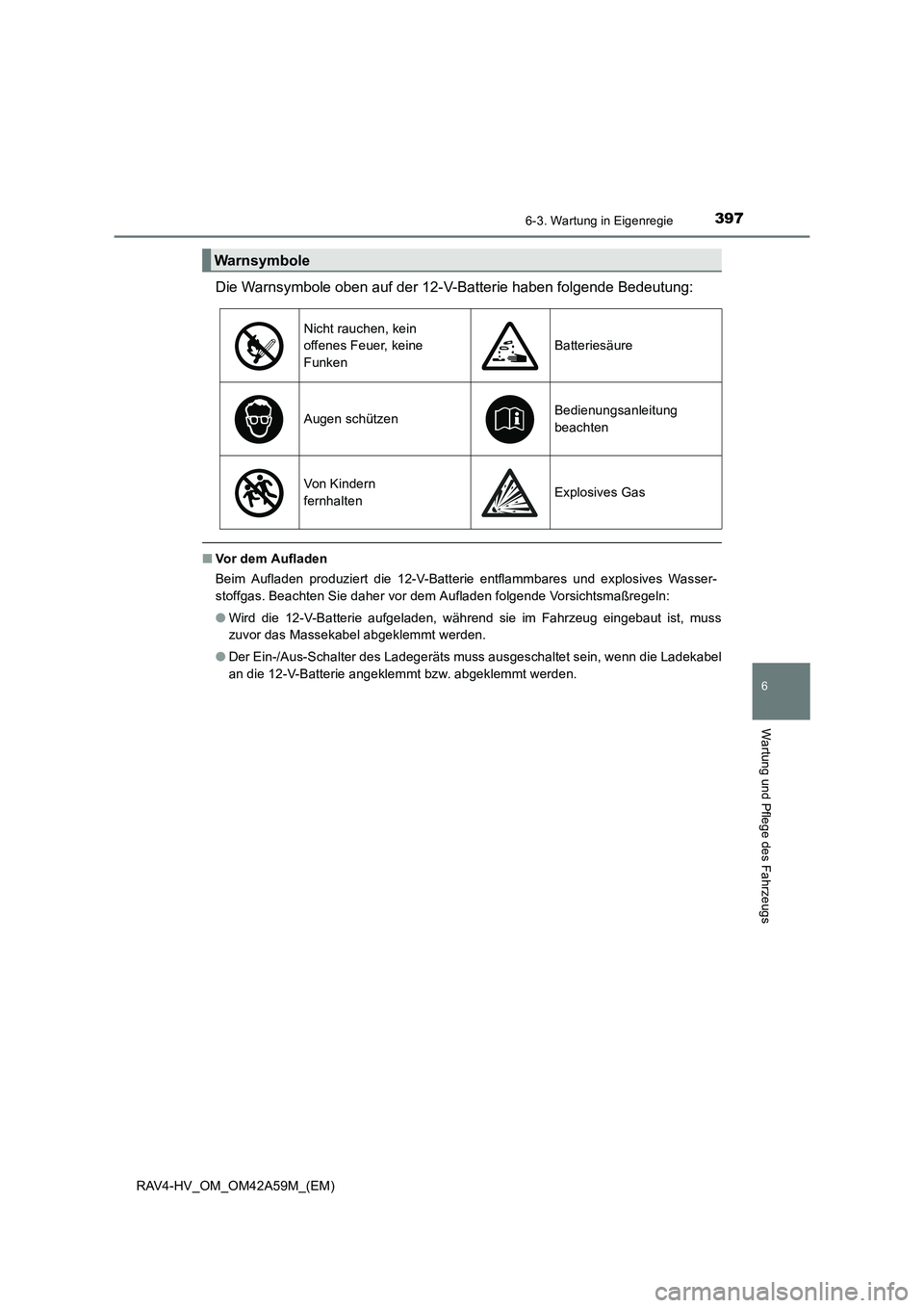 TOYOTA RAV4 HYBRID 2015  Betriebsanleitungen (in German) 3976-3. Wartung in Eigenregie
RAV4-HV_OM_OM42A59M_(EM)
6
Wartung und Pflege des Fahrzeugs
Die Warnsymbole oben auf der 12-V-Batterie haben folgende Bedeutung:
■Vor dem Aufladen
Beim Aufladen produzi