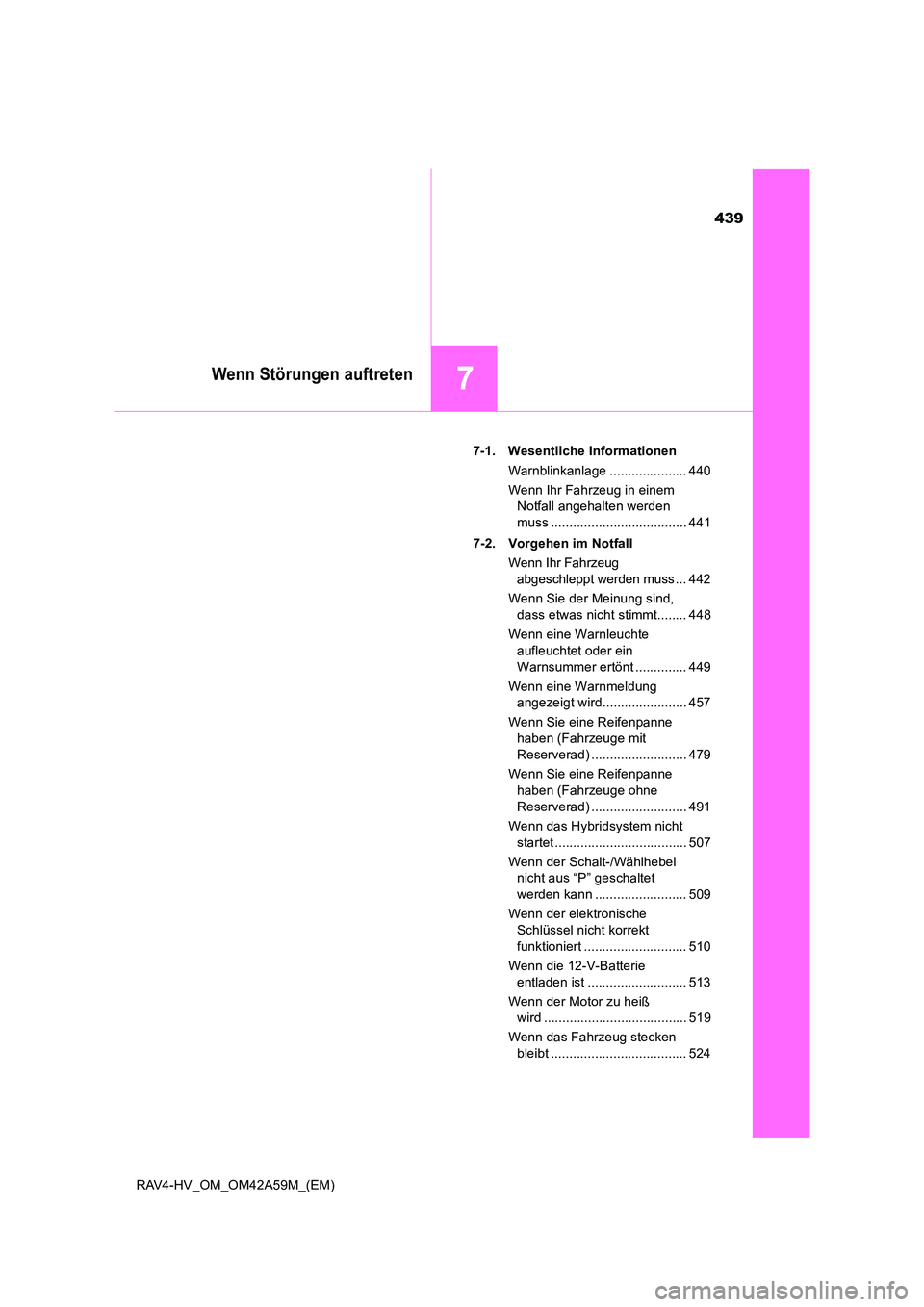 TOYOTA RAV4 HYBRID 2015 Betriebsanleitungen (in German) 439
7Wenn Störungen auftreten
RAV4-HV_OM_OM42A59M_(EM)7-1. Wesentliche Informationen
Warnblinkanlage ..................... 440
Wenn Ihr Fahrzeug in einem Notfall angehalten werden
muss ............. TOYOTA RAV4 HYBRID 2015 Betriebsanleitungen (in German) 439
7Wenn Störungen auftreten
RAV4-HV_OM_OM42A59M_(EM)7-1. Wesentliche Informationen
Warnblinkanlage ..................... 440
Wenn Ihr Fahrzeug in einem Notfall angehalten werden
muss .............