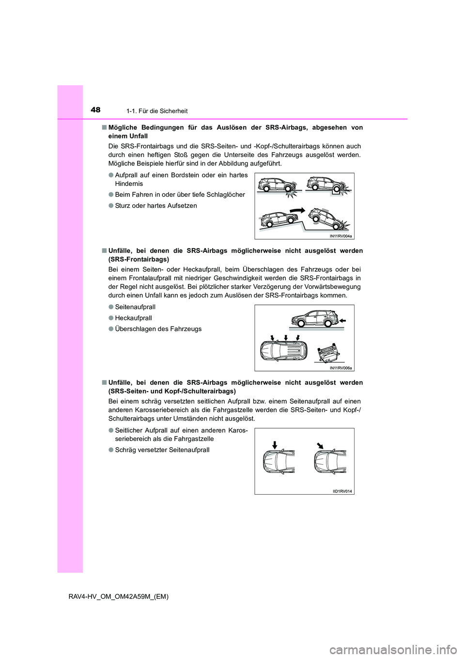 TOYOTA RAV4 HYBRID 2015  Betriebsanleitungen (in German) 481-1. Für die Sicherheit
RAV4-HV_OM_OM42A59M_(EM)■
Mögliche Bedingungen für das Auslösen der SRS-Airbags, abgesehen von
einem Unfall 
Die SRS-Frontairbags und die SRS-Seiten- und -Kopf-/Schulte