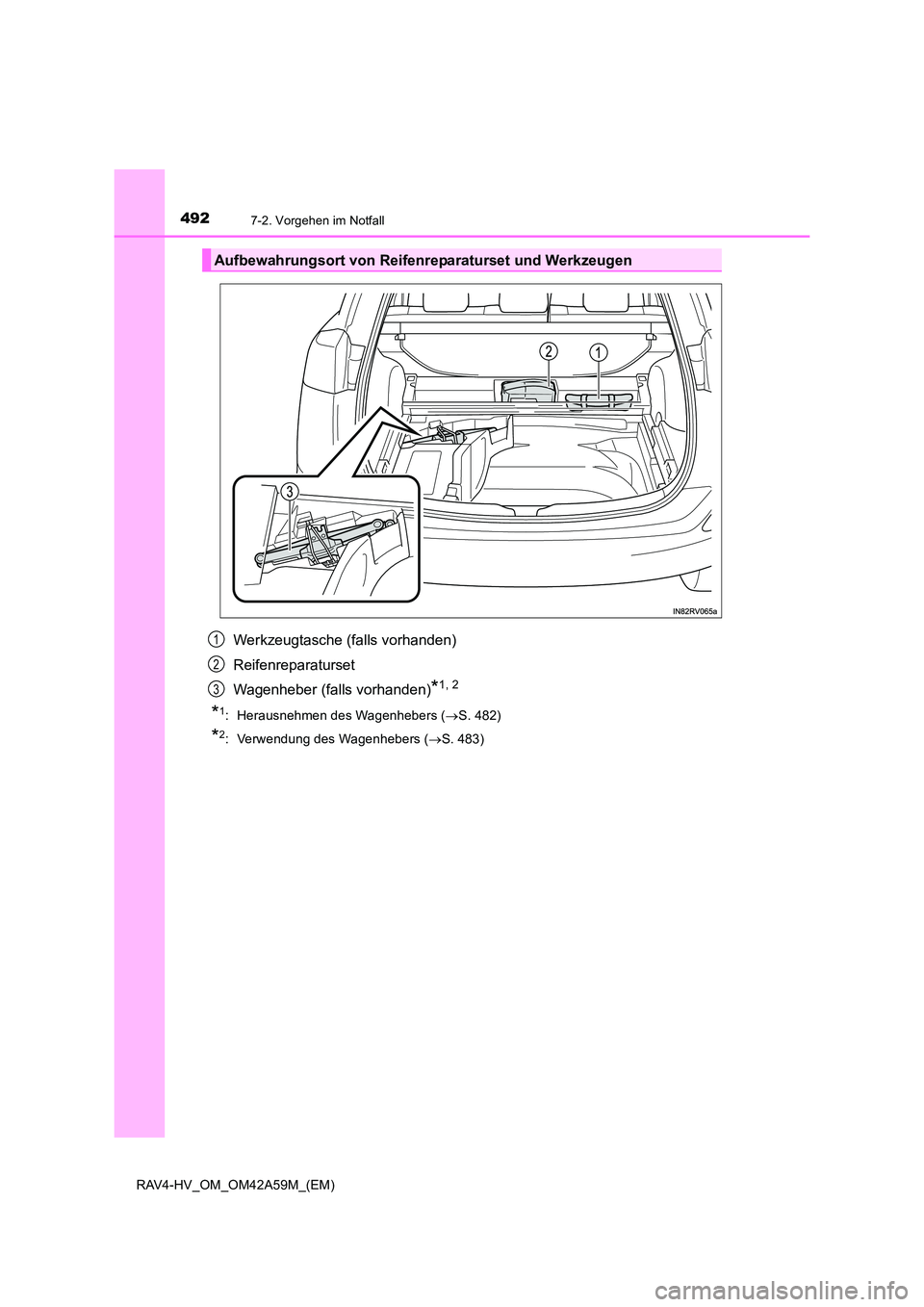 TOYOTA RAV4 HYBRID 2015  Betriebsanleitungen (in German) 4927-2. Vorgehen im Notfall
RAV4-HV_OM_OM42A59M_(EM)
Werkzeugtasche (falls vorhanden)
Reifenreparaturset
Wagenheber (falls vorhanden)
*1, 2
*1:  Herausnehmen des Wagenhebers (→S. 482)
*2:  Verwendun