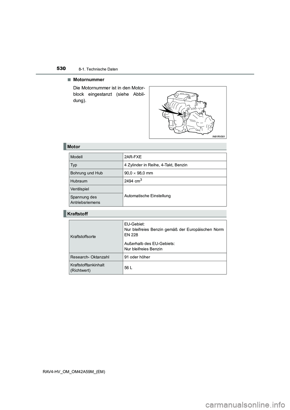 TOYOTA RAV4 HYBRID 2015  Betriebsanleitungen (in German) 5308-1. Technische Daten
RAV4-HV_OM_OM42A59M_(EM)■
Motornummer
Die Motornummer ist in den Motor-
block eingestanzt (siehe Abbil-
dung).
Motor
Modell2AR-FXE
Typ4 Zylinder in Reihe, 4-Takt, Benzin
Boh