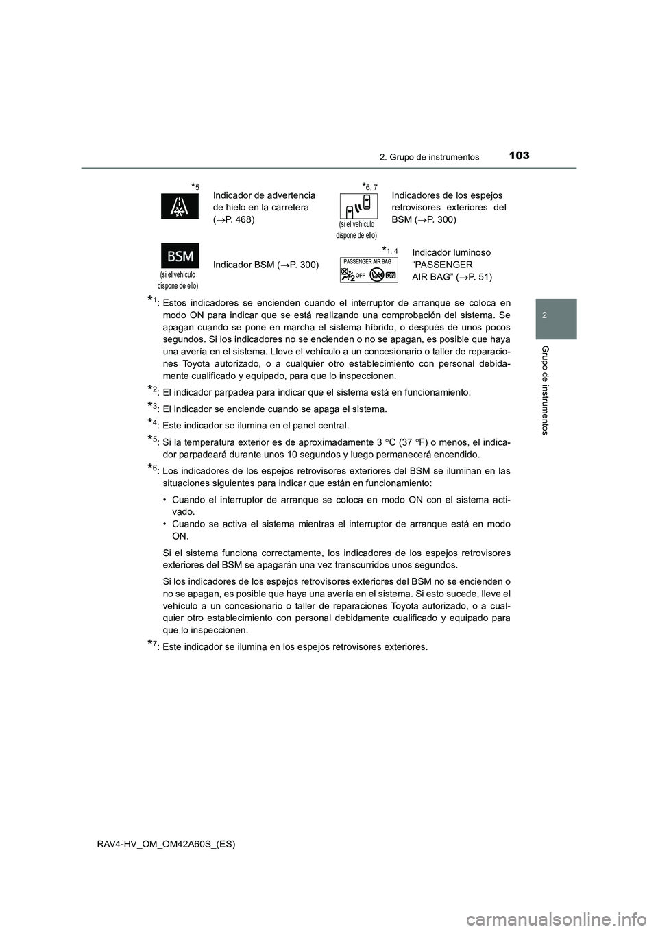 TOYOTA RAV4 HYBRID 2016 Manual del propietario (in Spanish) 1032. Grupo de instrumentos
2
Grupo de instrumentos
RAV4-HV_OM_OM42A60S_(ES)
*1: Estos indicadores se encienden cuando el interruptor de arranque se coloca enmodo ON para indicar que se está realizan TOYOTA RAV4 HYBRID 2016 Manual del propietario (in Spanish) 1032. Grupo de instrumentos
2
Grupo de instrumentos
RAV4-HV_OM_OM42A60S_(ES)
*1: Estos indicadores se encienden cuando el interruptor de arranque se coloca enmodo ON para indicar que se está realizan