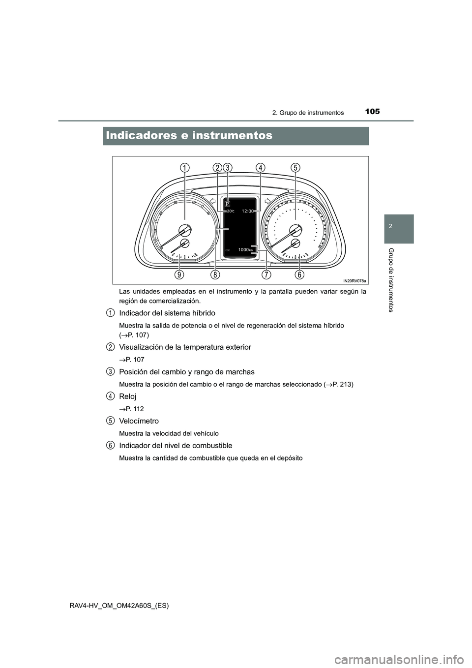 TOYOTA RAV4 HYBRID 2016  Manual del propietario (in Spanish) 105
2
2. Grupo de instrumentos
Grupo de instrumentos
RAV4-HV_OM_OM42A60S_(ES)
Indicadores e instrumentos
Las unidades empleadas en el instrumento y la pantalla pueden variar según la
región de comer