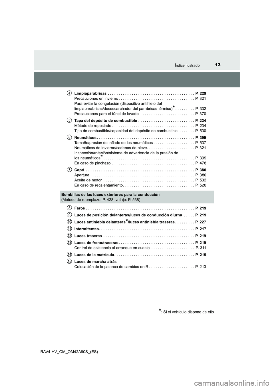 TOYOTA RAV4 HYBRID 2016  Manual del propietario (in Spanish) 13Índice ilustrado
RAV4-HV_OM_OM42A60S_(ES)Limpiaparabrisas . . . . . . . . . . . . . . . . . . . . . . . . . . . . . . . . . . . . . . . .  P. 229
Precauciones en invierno . . . . . . . . . . . . . 