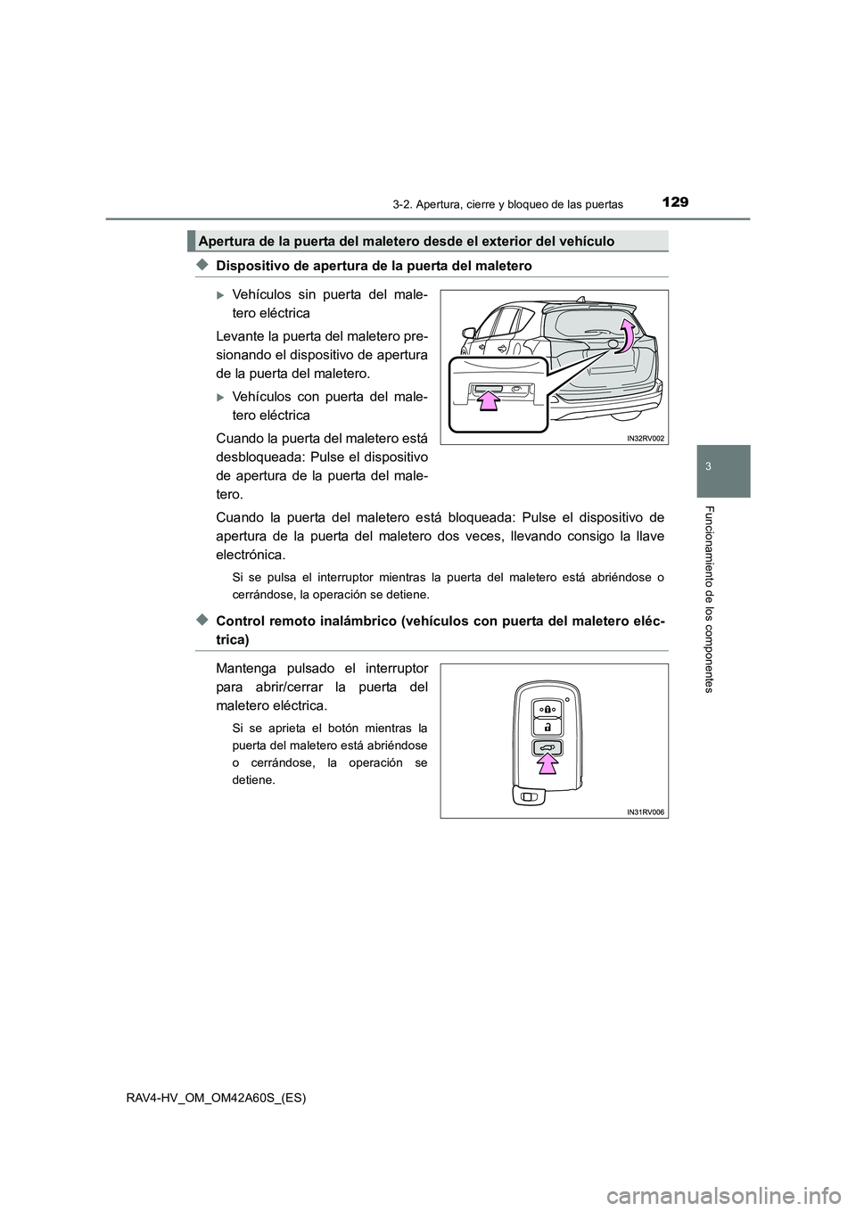 TOYOTA RAV4 HYBRID 2016  Manual del propietario (in Spanish) 1293-2. Apertura, cierre y bloqueo de las puertas
3
Funcionamiento de los componentes
RAV4-HV_OM_OM42A60S_(ES)
◆Dispositivo de apertura de la puerta del maletero
�XVehículos sin puerta del male-
te