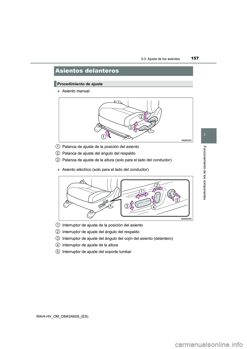 TOYOTA RAV4 HYBRID 2016  Manual del propietario (in Spanish) 157
3
3-3. Ajuste de los asientos
Funcionamiento de los componentes
RAV4-HV_OM_OM42A60S_(ES)
Asientos delanteros
�XAsiento manual
Palanca de ajuste de la posición del asiento
Palanca de ajuste del á