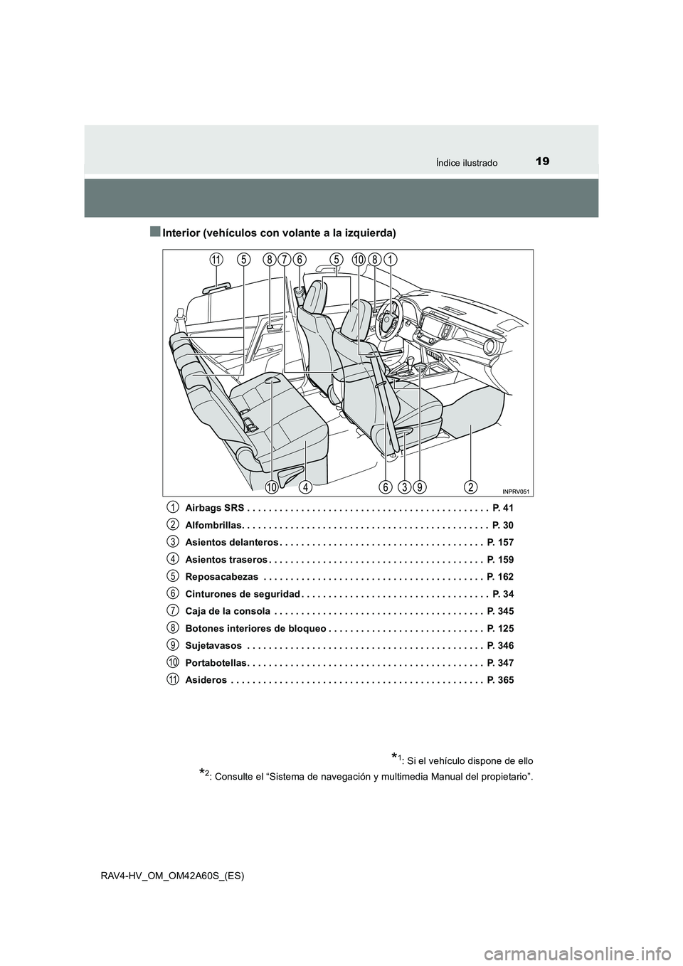 TOYOTA RAV4 HYBRID 2016  Manual del propietario (in Spanish) 19Índice ilustrado
RAV4-HV_OM_OM42A60S_(ES)
■Interior (vehículos con volante a la izquierda)
Airbags SRS . . . . . . . . . . . . . . . . . . . . . . . . . . . . . . . . . . . . . . . . . . . . .  