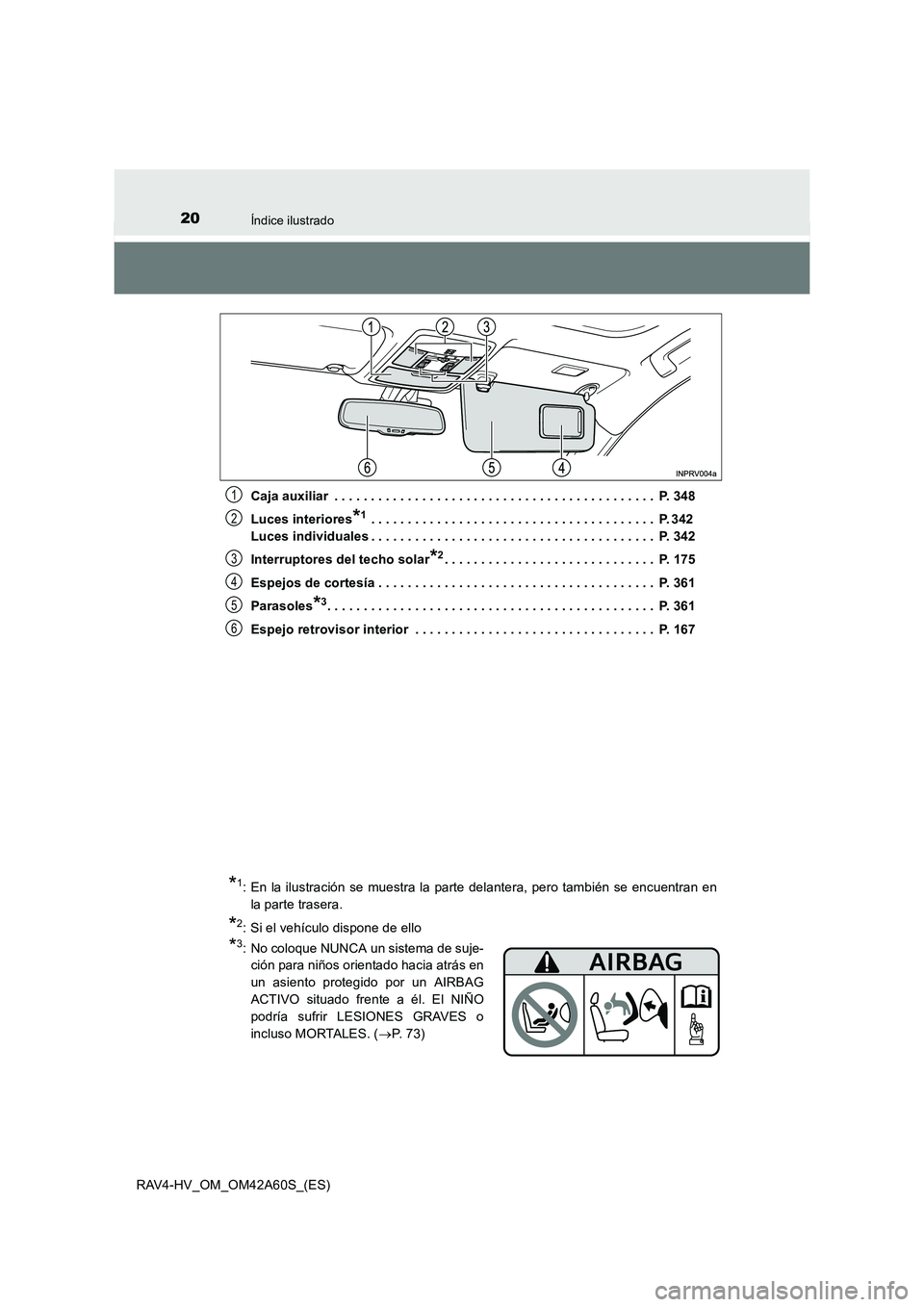 TOYOTA RAV4 HYBRID 2016  Manual del propietario (in Spanish) 20Índice ilustrado
RAV4-HV_OM_OM42A60S_(ES)Caja auxiliar  . . . . . . . . . . . . . . . . . . . . . . . . . . . . . . . . . . . . . . . . . . . .  P. 348
Luces interiores
*1 . . . . . . . . . . . . .