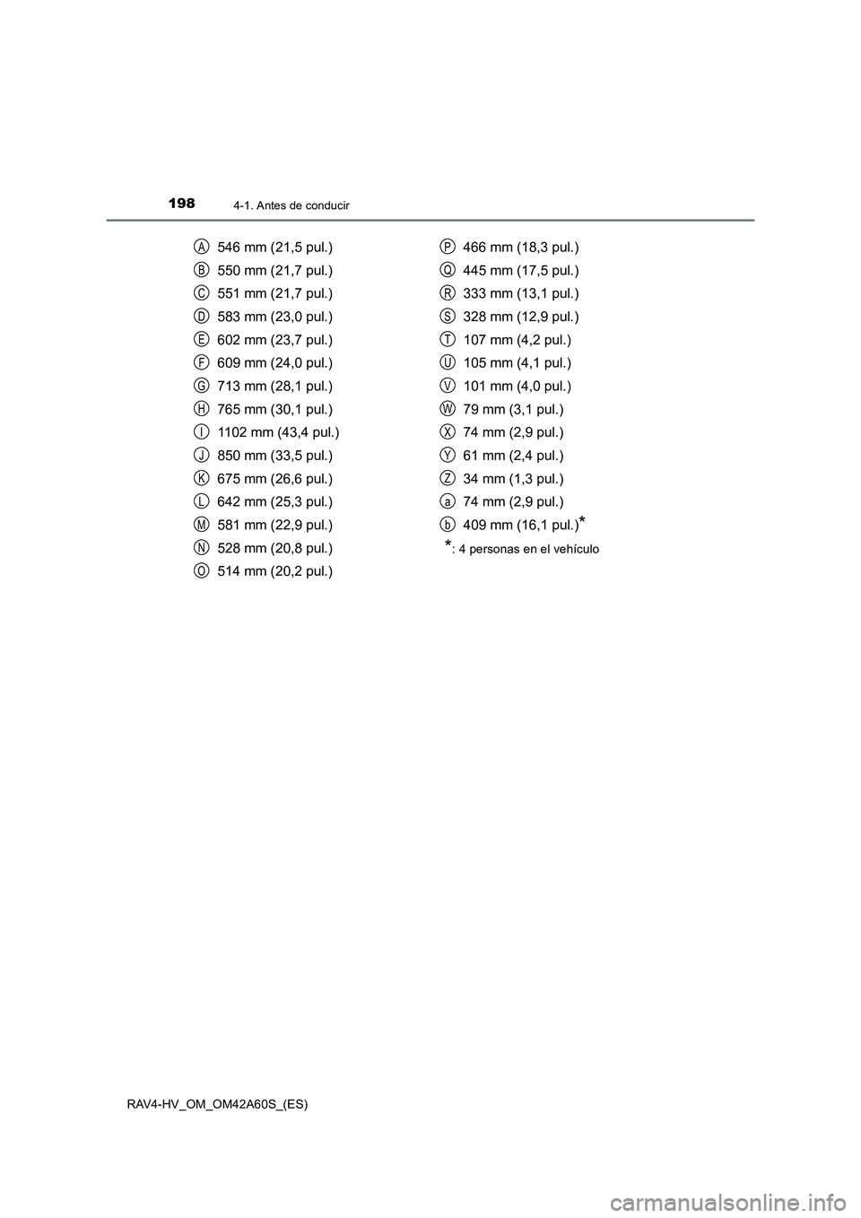 TOYOTA RAV4 HYBRID 2016  Manual del propietario (in Spanish) 1984-1. Antes de conducir
RAV4-HV_OM_OM42A60S_(ES)
546 mm (21,5 pul.)
550 mm (21,7 pul.)
551 mm (21,7 pul.)
583 mm (23,0 pul.)
602 mm (23,7 pul.)
609 mm (24,0 pul.)
713 mm (28,1 pul.)
765 mm (30,1 pul