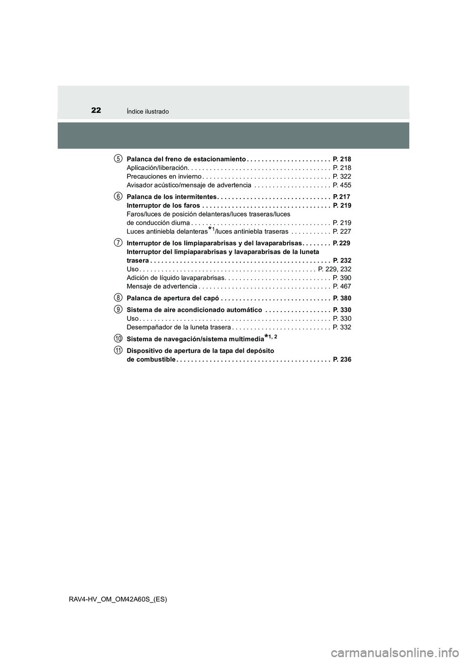 TOYOTA RAV4 HYBRID 2016 Manual del propietario (in Spanish) 22Índice ilustrado
RAV4-HV_OM_OM42A60S_(ES)Palanca del freno de estacionamiento . . . . . . . . . . . . . . . . . . . . . . . P. 218
Aplicación/liberación. . . . . . . . . . . . . . . . . . . . . TOYOTA RAV4 HYBRID 2016 Manual del propietario (in Spanish) 22Índice ilustrado
RAV4-HV_OM_OM42A60S_(ES)Palanca del freno de estacionamiento . . . . . . . . . . . . . . . . . . . . . . . P. 218
Aplicación/liberación. . . . . . . . . . . . . . . . . . . . .
